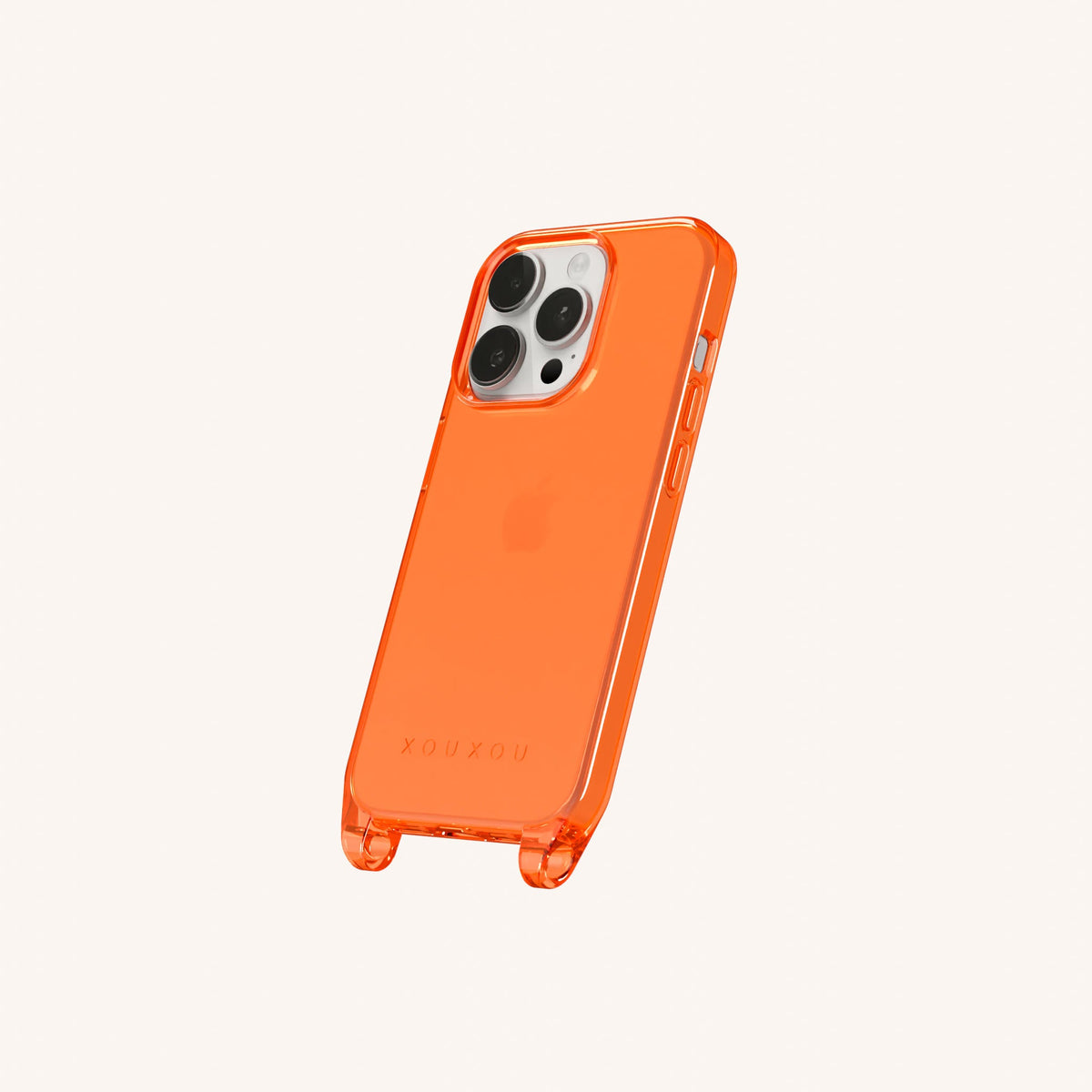 Phone Case with Eyelets for iPhone 15 Pro without MagSafe in Neon Orange Clear Perspective View | XOUXOU #phone model_iphone 15 pro