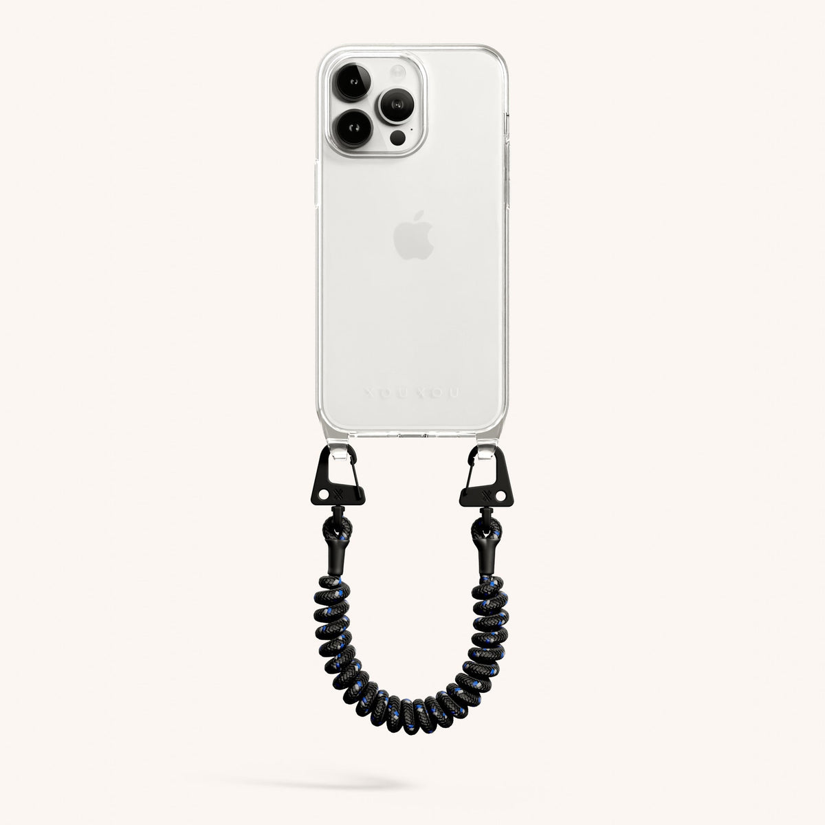 Phone Case with Spiral Rope for iPhone 15 Pro Max without MagSafe in Clear + Black Total View | XOUXOU #phone model_iphone 15 pro max