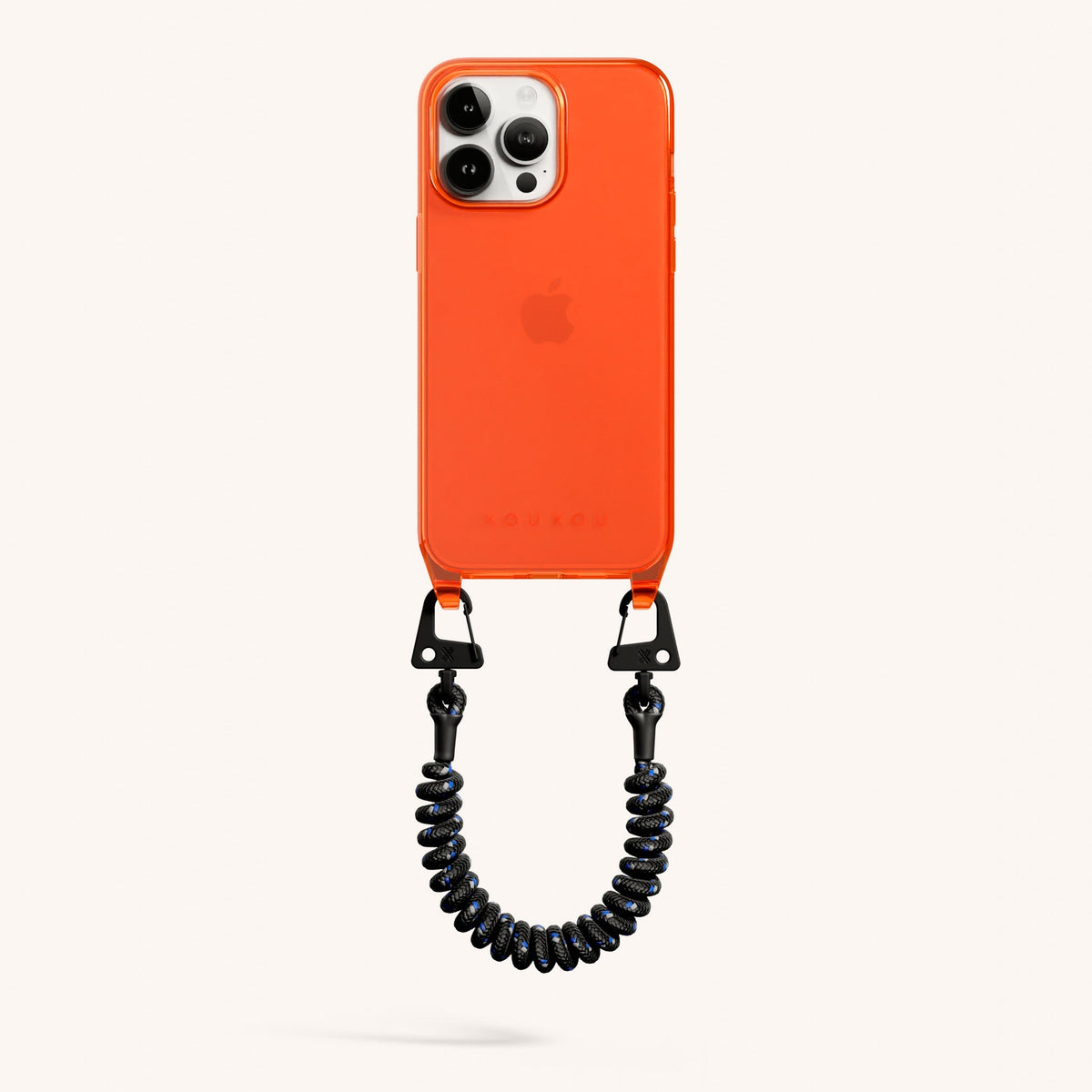 Phone Case with Spiral Rope for iPhone 15 Pro Max without MagSafe in Neon Orange Clear + Black Total View | XOUXOU #phone model_iphone 15 pro max