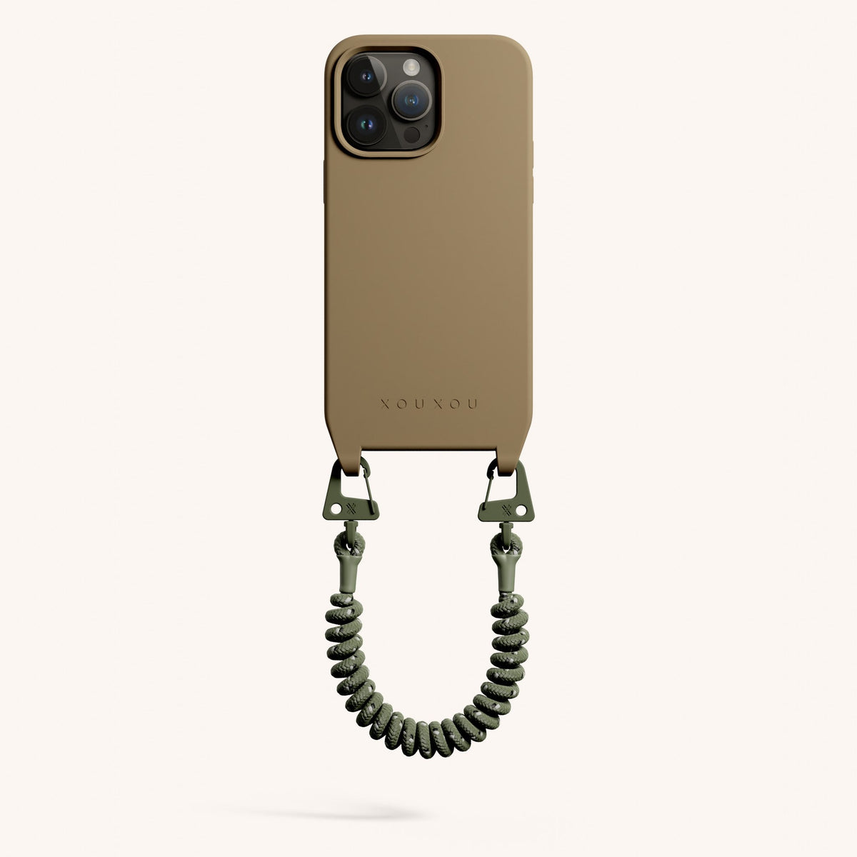 Phone Case with Spiral Rope for iPhone 15 Pro Max without MagSafe in Taupe + Moss Total View | XOUXOU #phone model_iphone 15 pro max