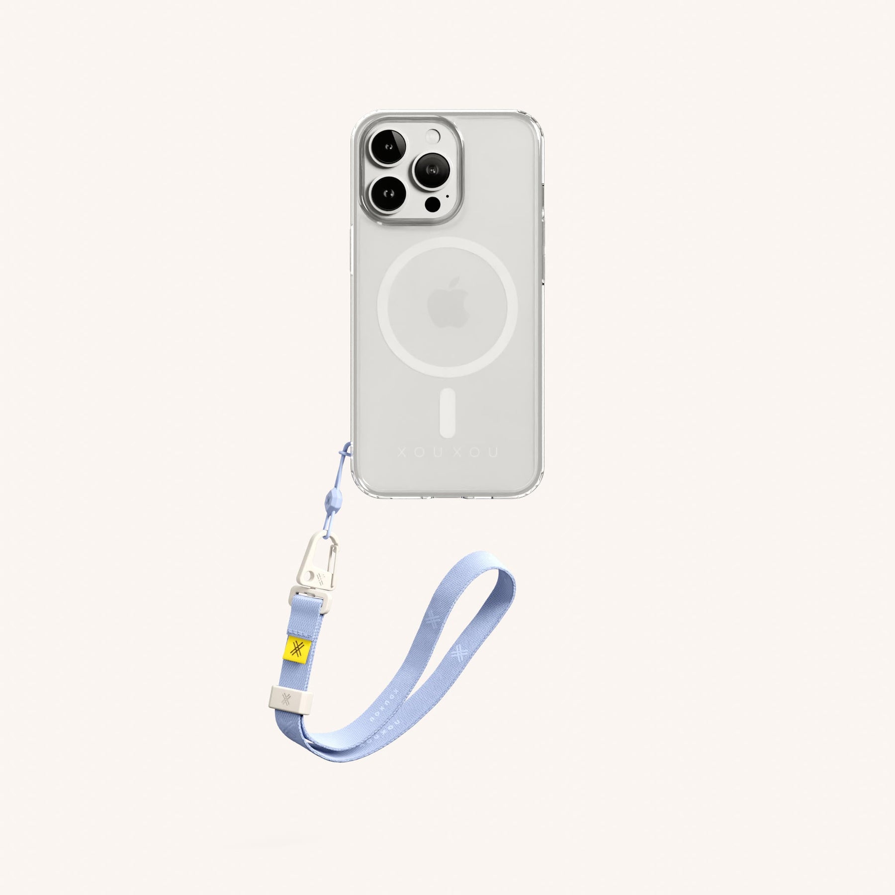 Phone Case with Wrist Strap in Clear + Baby Blue