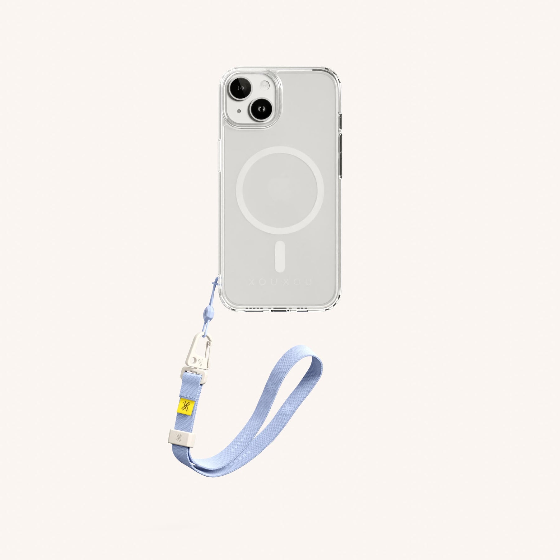 Phone Case with Wrist Strap in Clear + Baby Blue