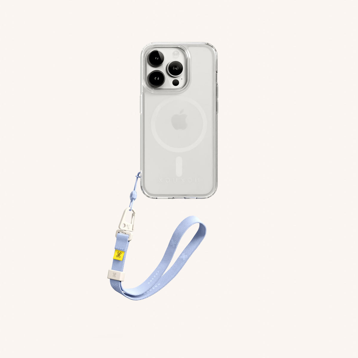 Phone Case with Wrist Strap for iPhone 15 Pro with MagSafe in Clear + Baby Blue Total View | XOUXOU #phone model_iphone 15 pro
