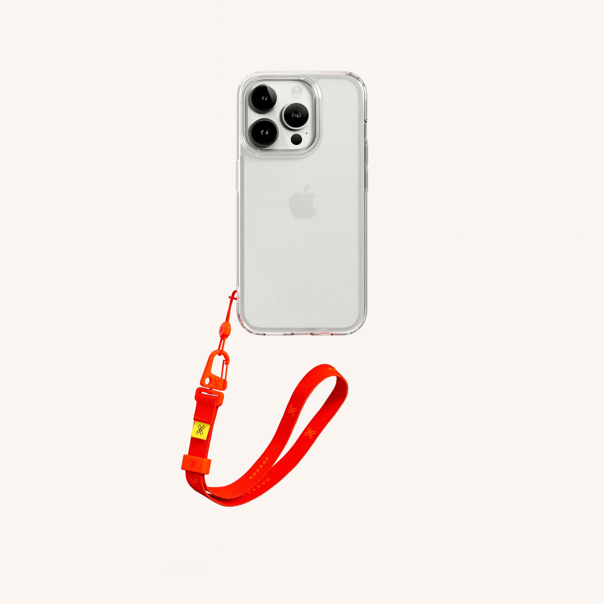 Phone Case with Wrist Strap for iPhone 15 Pro without MagSafe in Clear + Neon Orange Total View | XOUXOU #phone model_iphone 15 pro