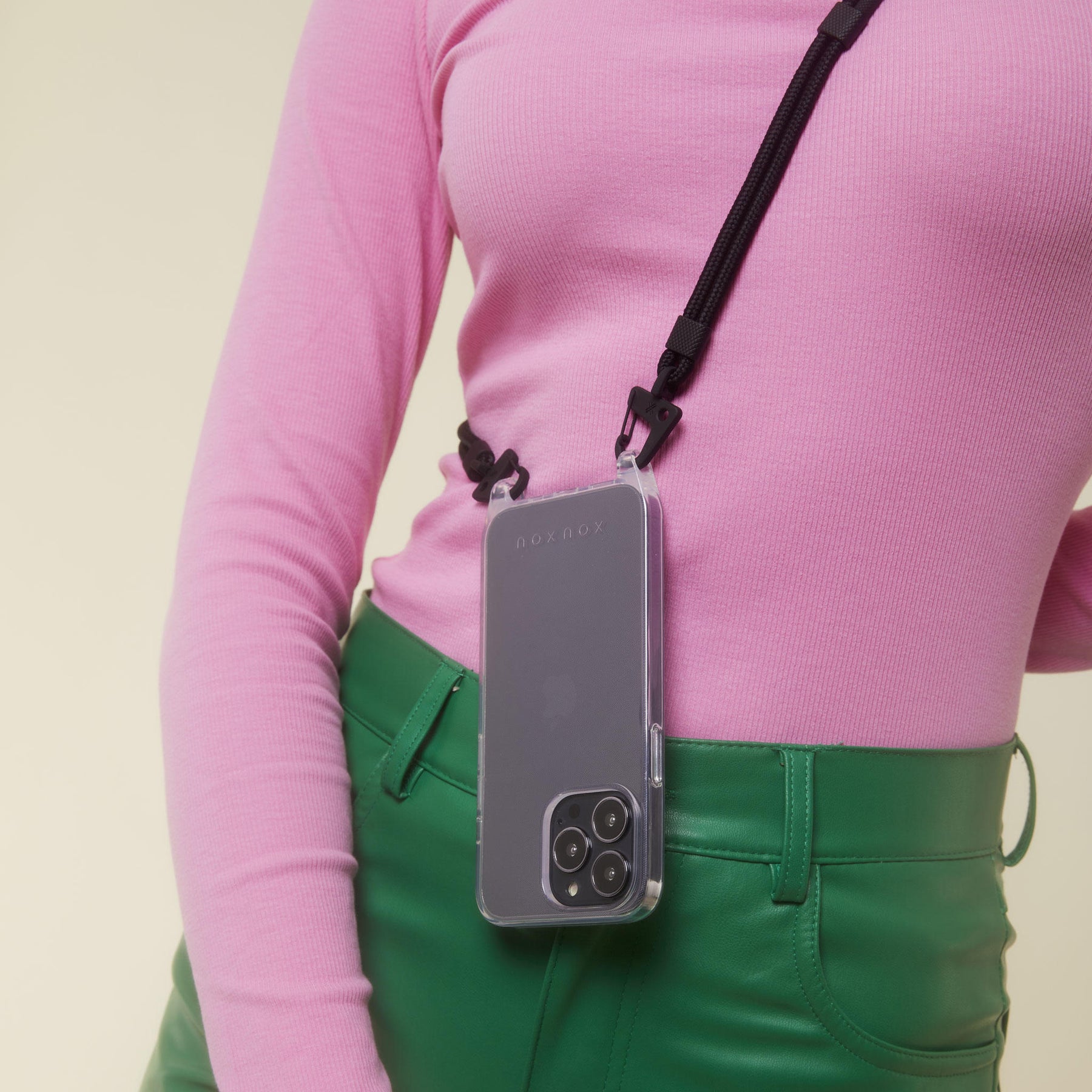 Phone Necklace with Carabiner Rope in Clear + Powder Pink
