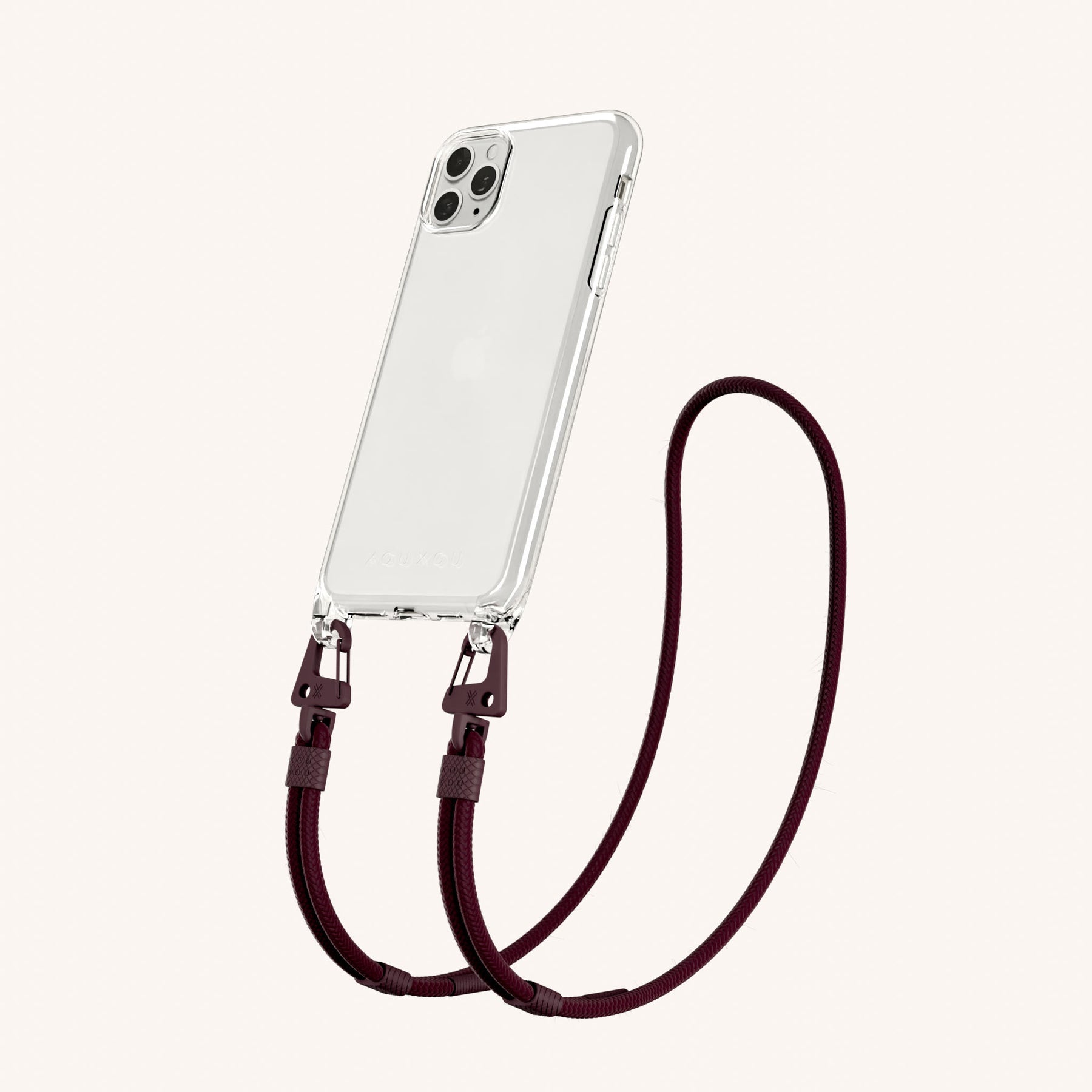 Phone Necklace with Carabiner Rope in Clear + Burgundy