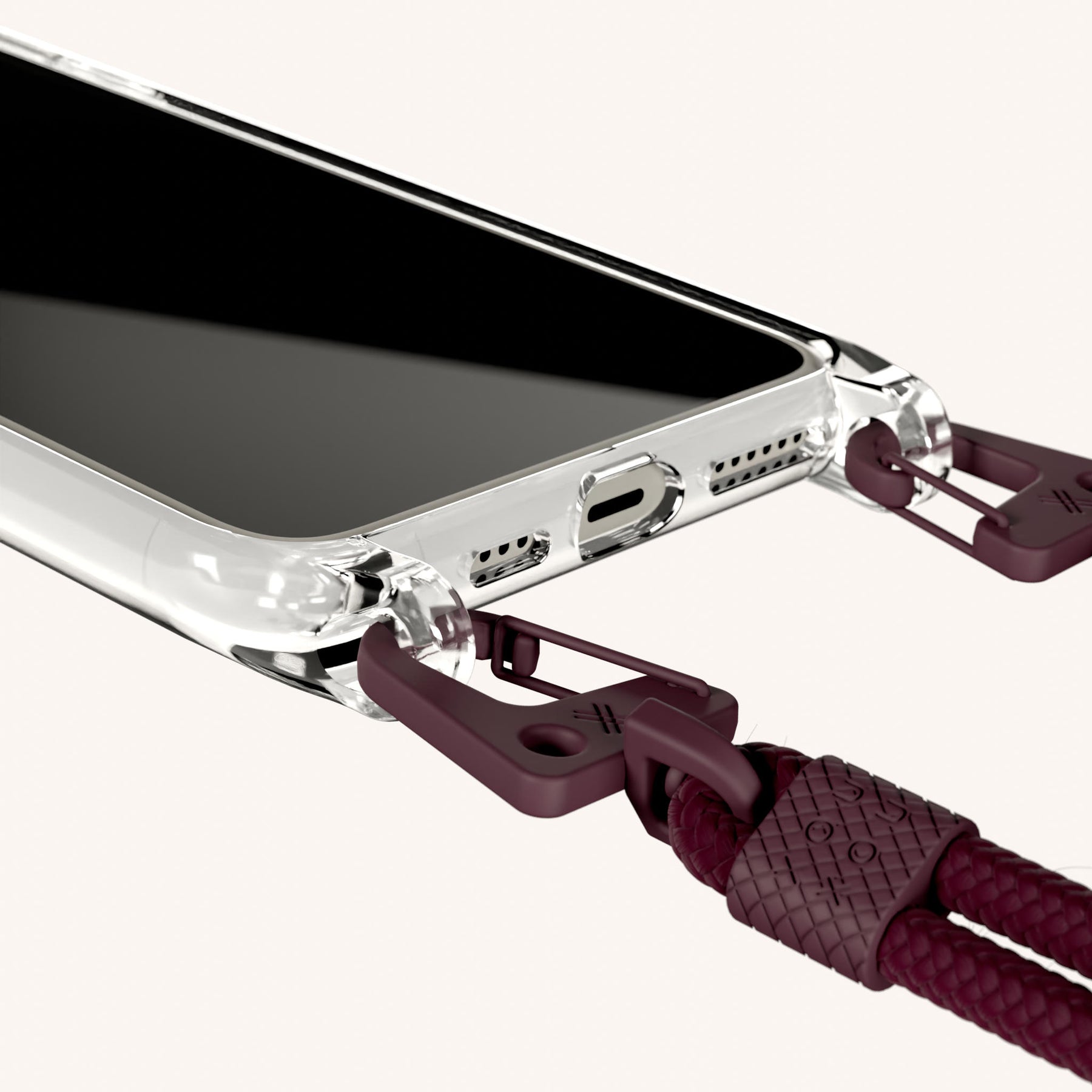 Phone Necklace with Carabiner Rope in Clear + Burgundy