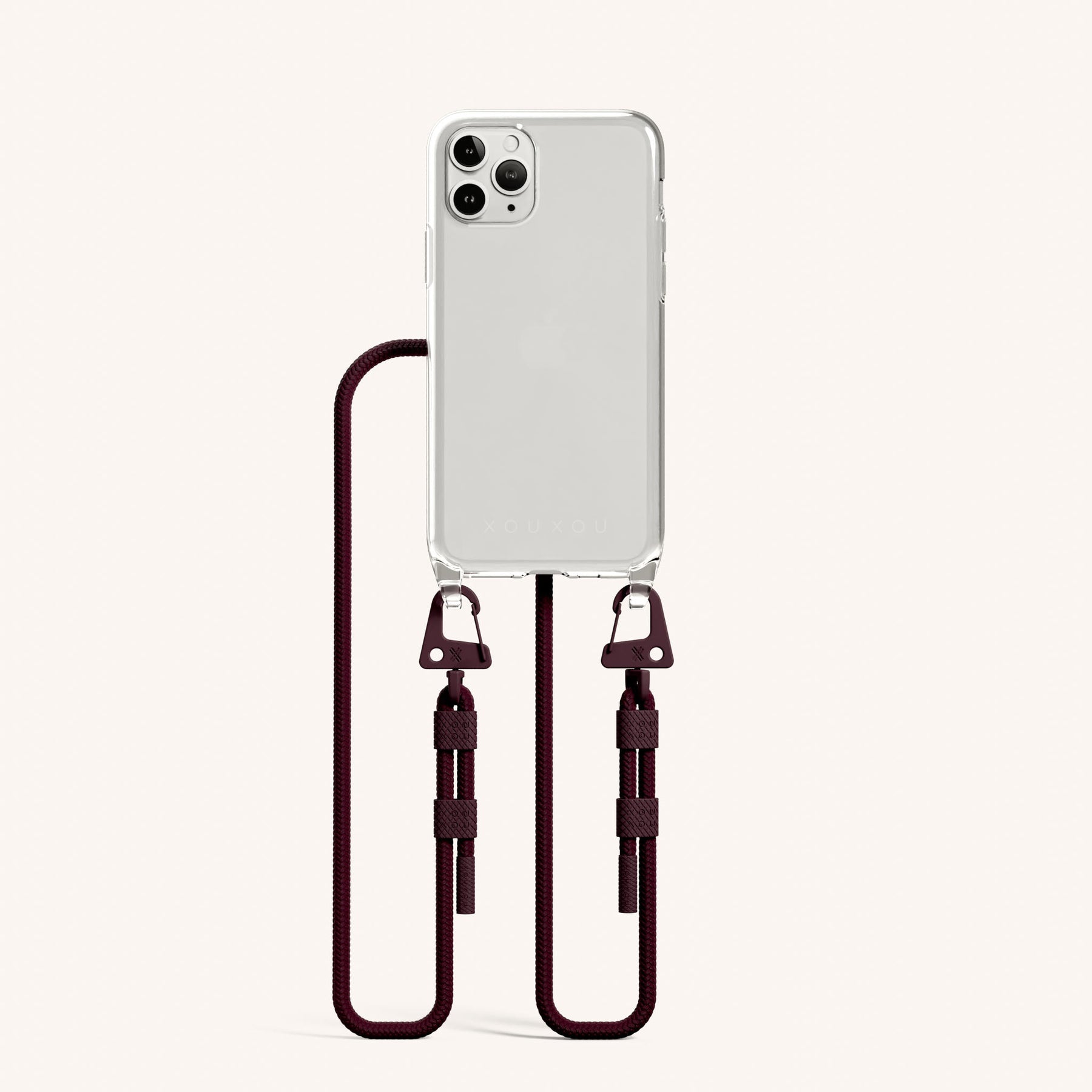 Phone Necklace with Carabiner Rope in Clear + Burgundy