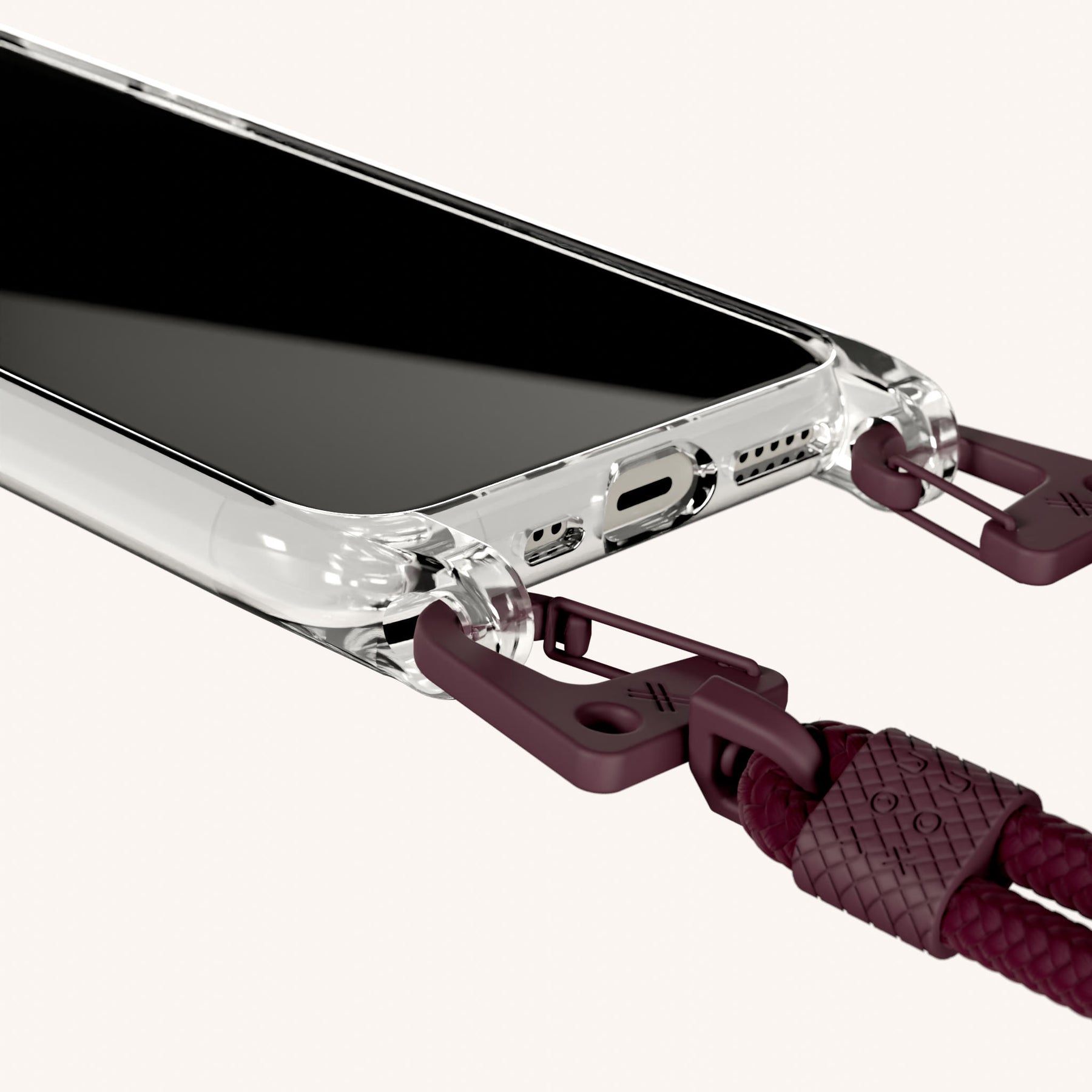 Handykette mit Karabinerband in Transparent + Weinrot