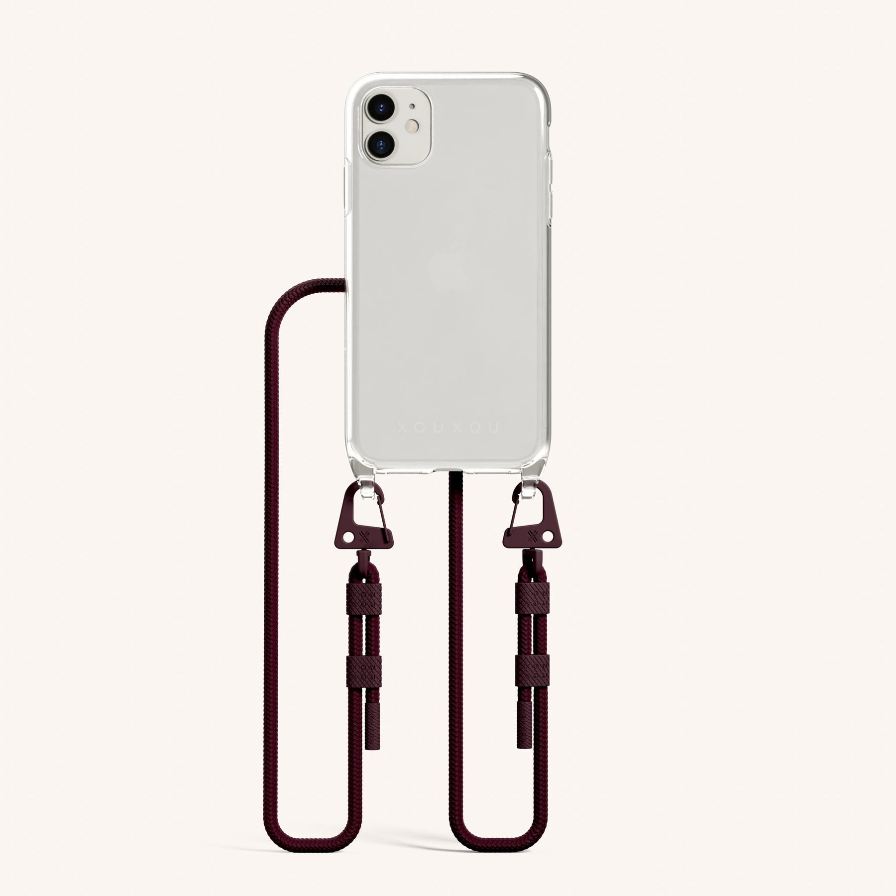 Phone Necklace with Carabiner Rope in Clear + Burgundy