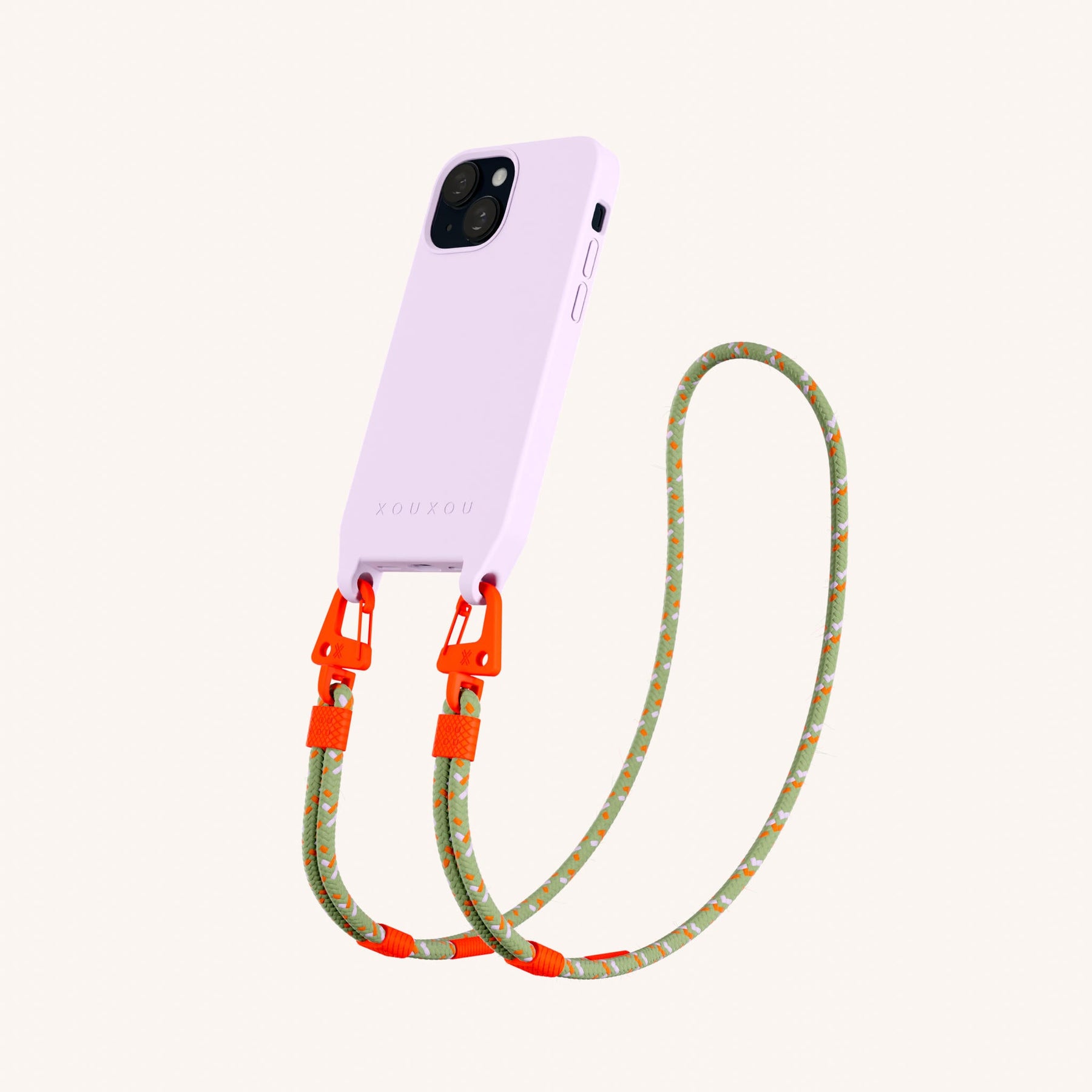 Phone Necklace with Carabiner Rope in Lilac + Orange Camouflage