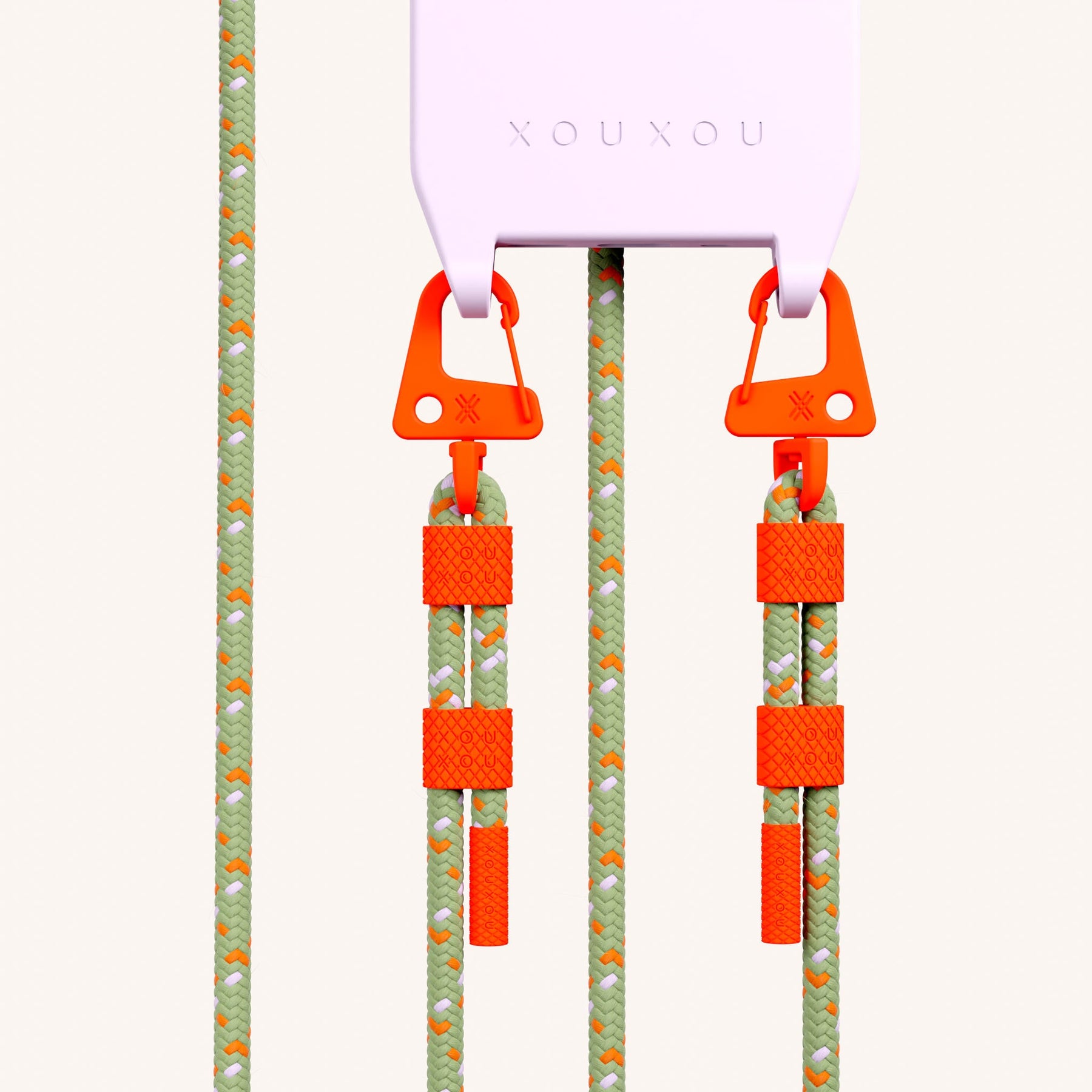Phone Necklace with Carabiner Rope in Lilac + Orange Camouflage