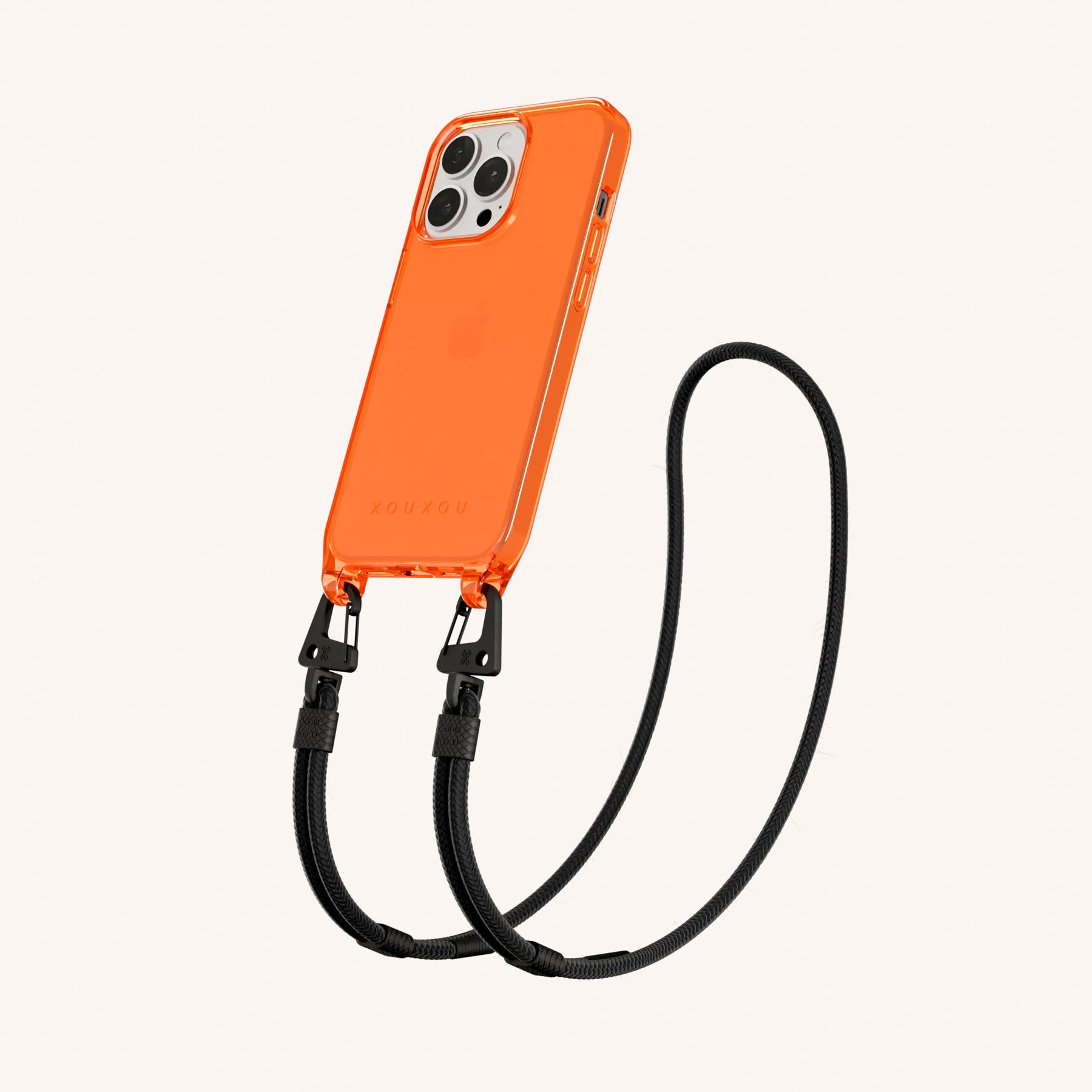 Handykette mit Karabinerband in Neon Orange transparent + Schwarz