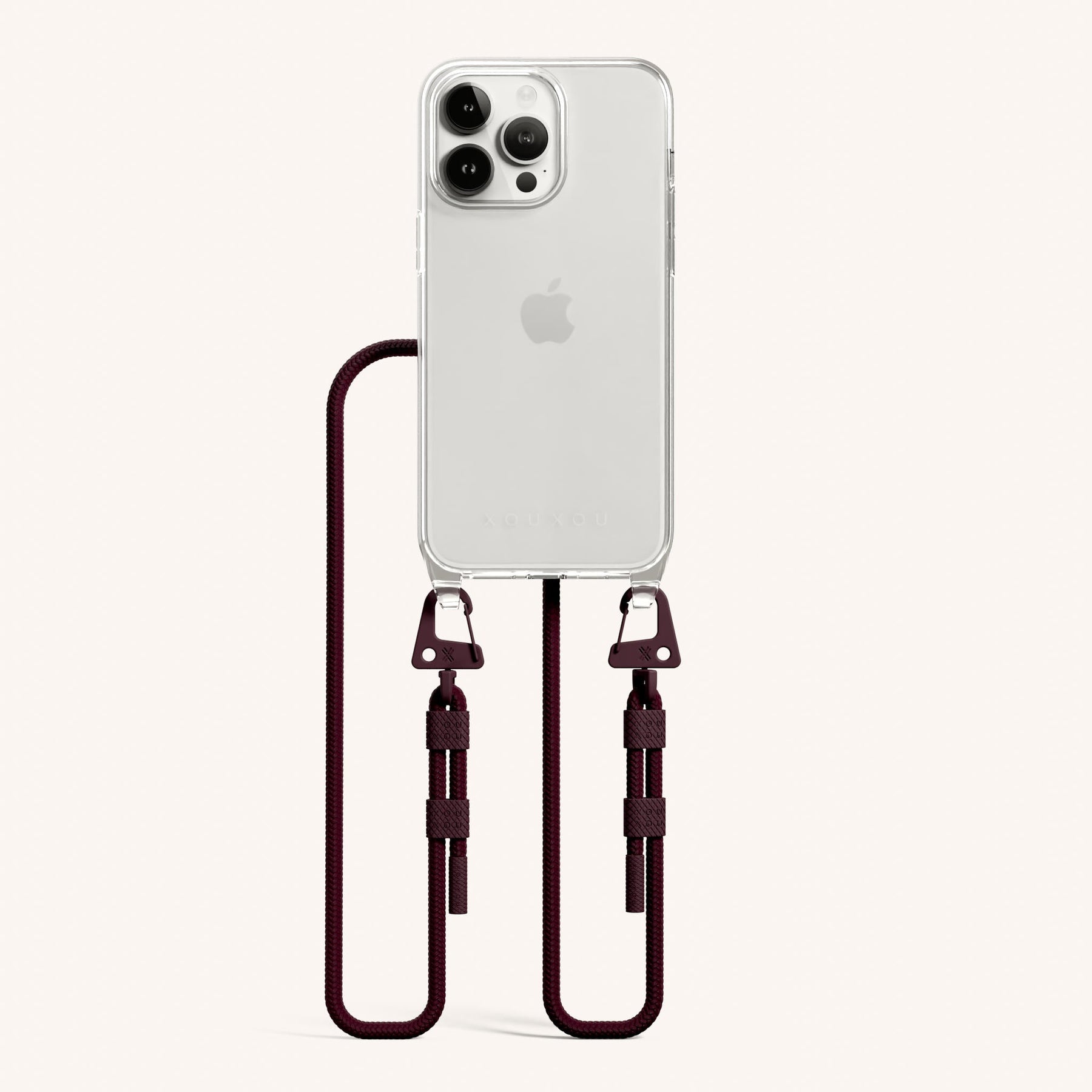 Phone Necklace with Carabiner Rope in Clear + Burgundy