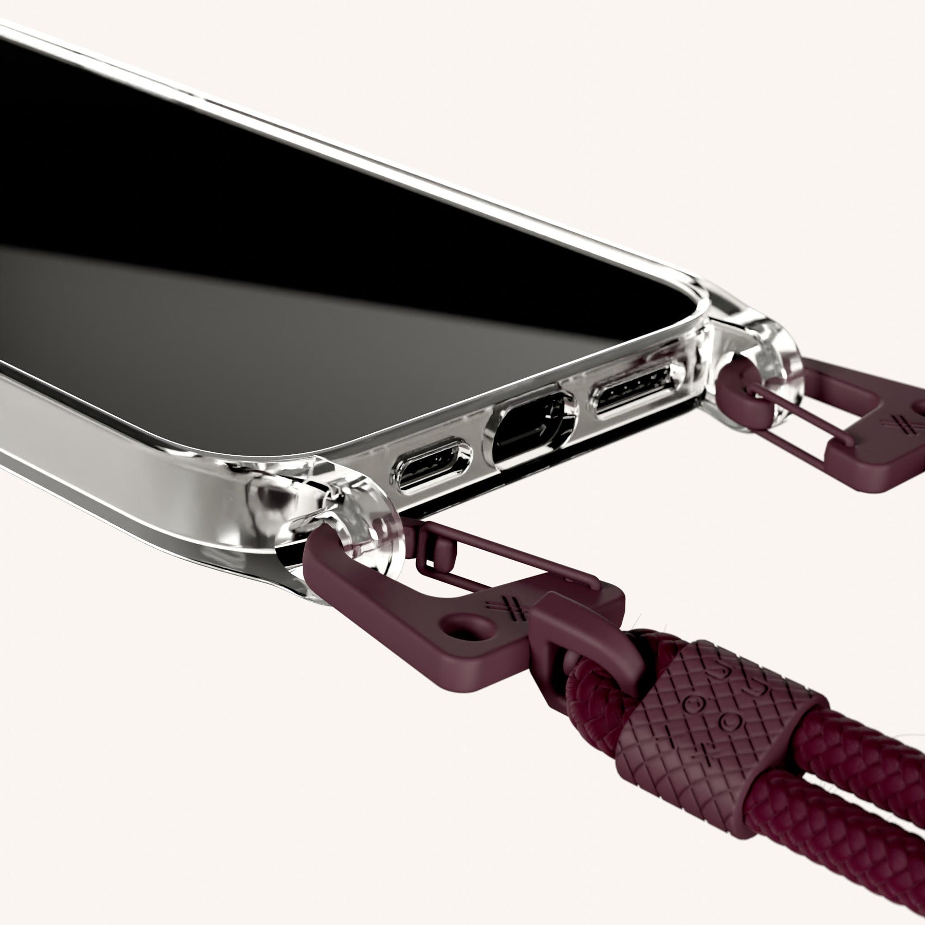 Phone Necklace with Carabiner Rope in Clear + Burgundy