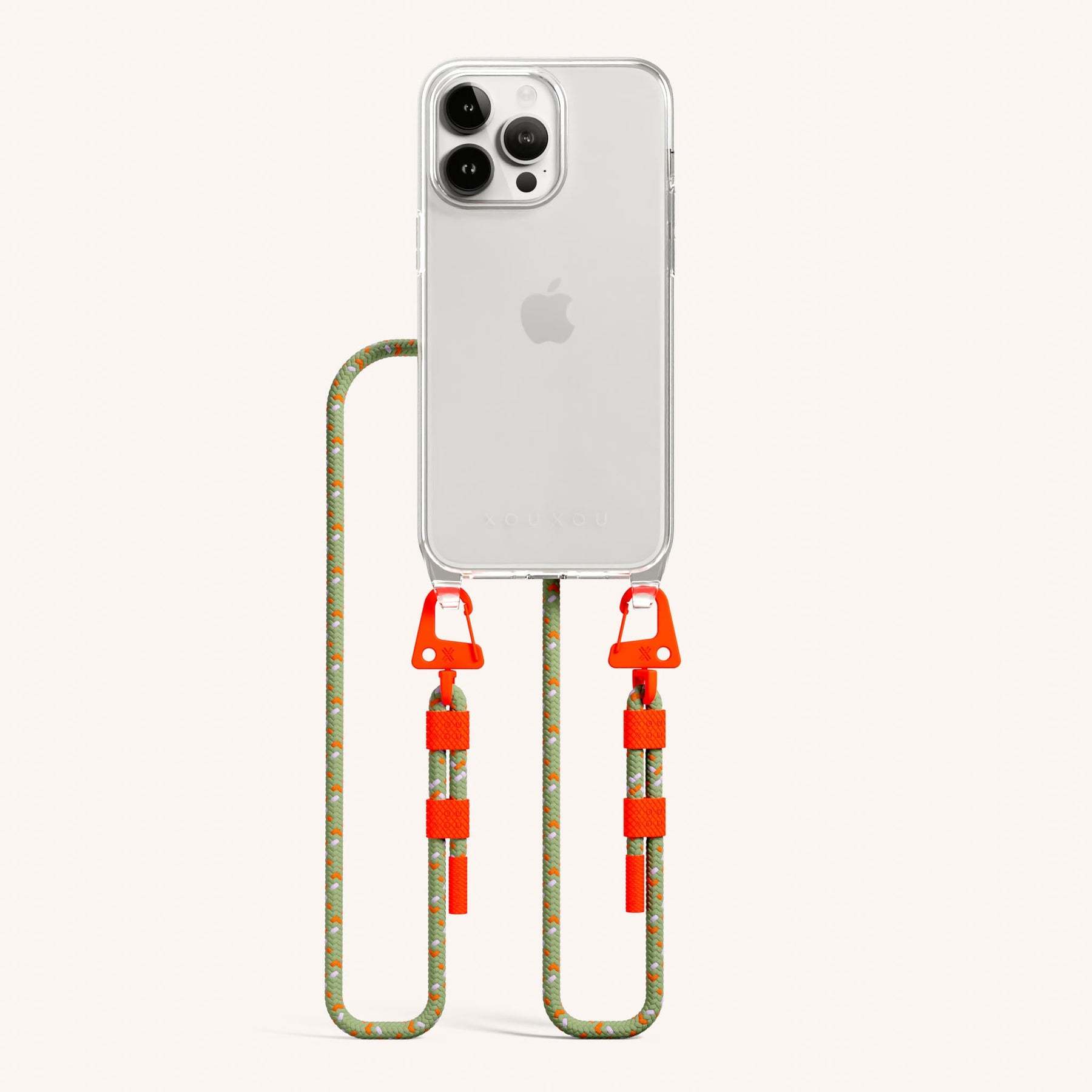 Phone Necklace with Carabiner Rope in Clear + Orange Camouflage