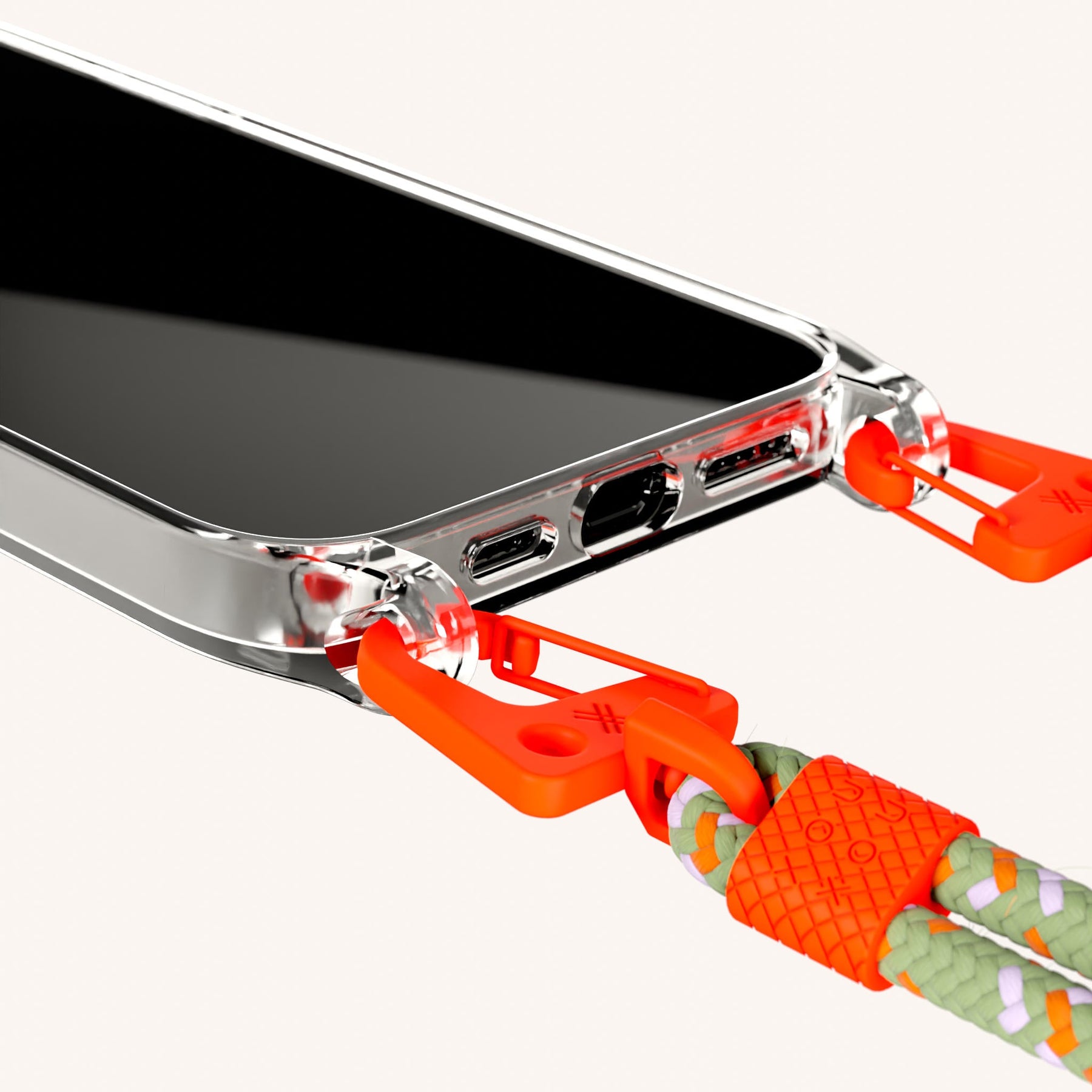 Handykette mit Karabinerband in Transparent + Orange Kamouflage