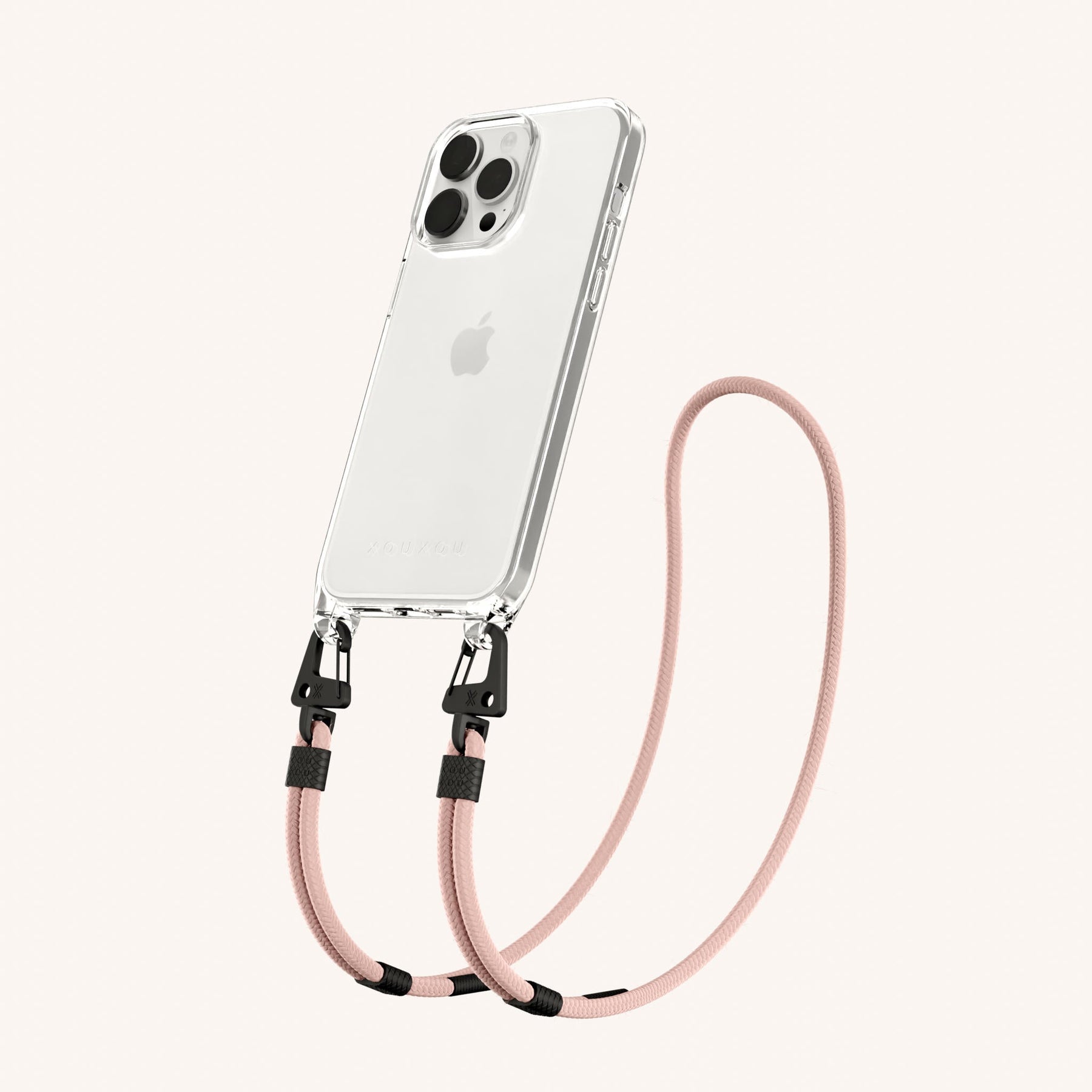 Phone Necklace with Carabiner Rope in Clear + Powder Pink