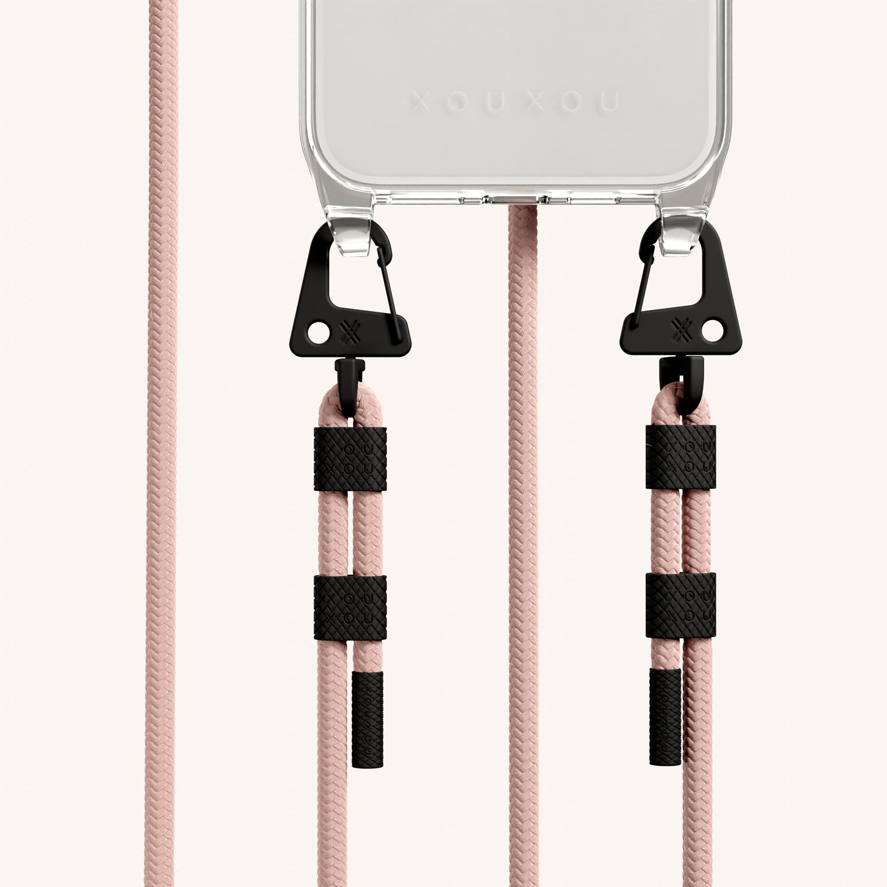 Phone Necklace with Carabiner Rope in Clear + Powder Pink