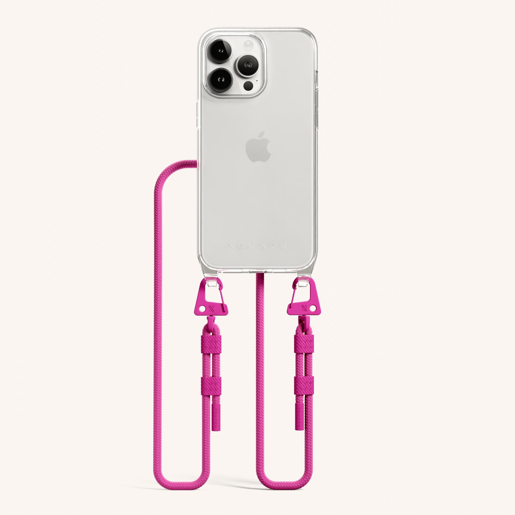 Phone Necklace with Carabiner Rope in Clear + Power Pink