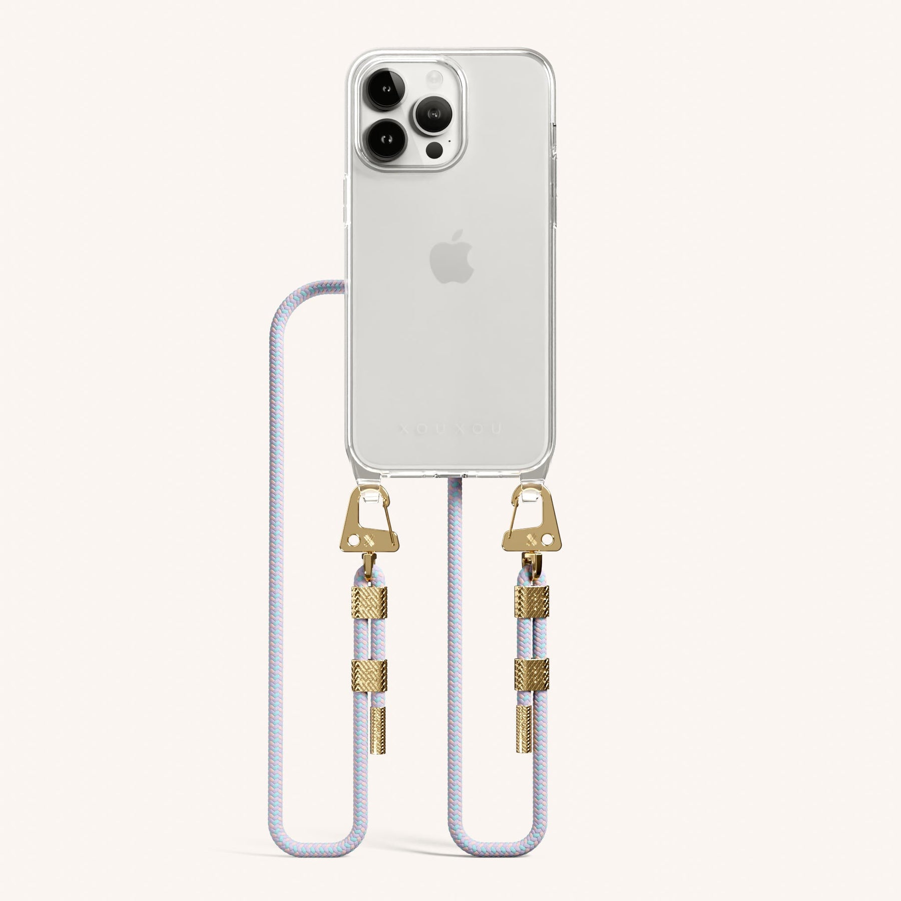 Phone Necklace with Carabiner Rope in Clear + Vibrant Pastel