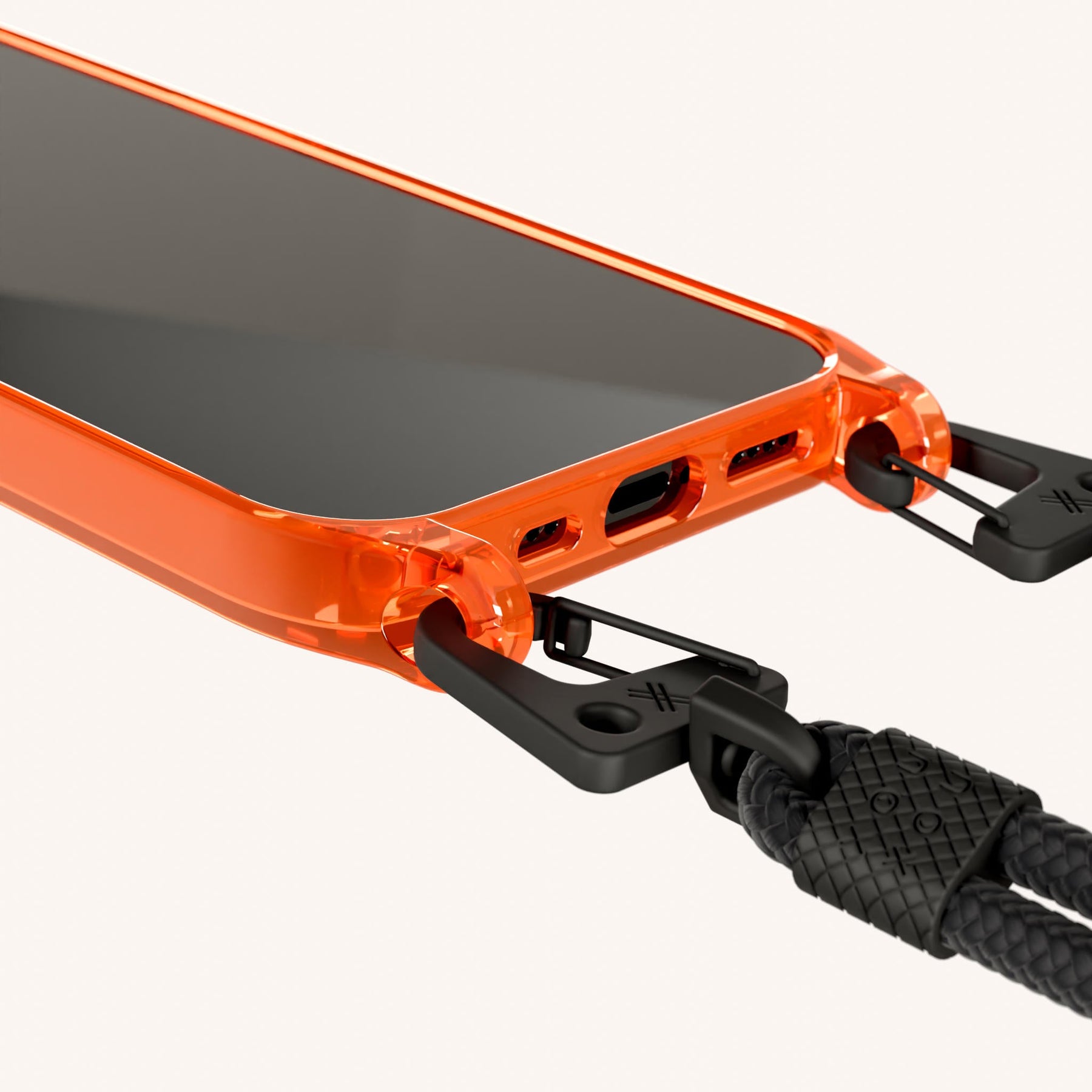 Handykette mit Karabinerband in Neon Orange transparent + Schwarz
