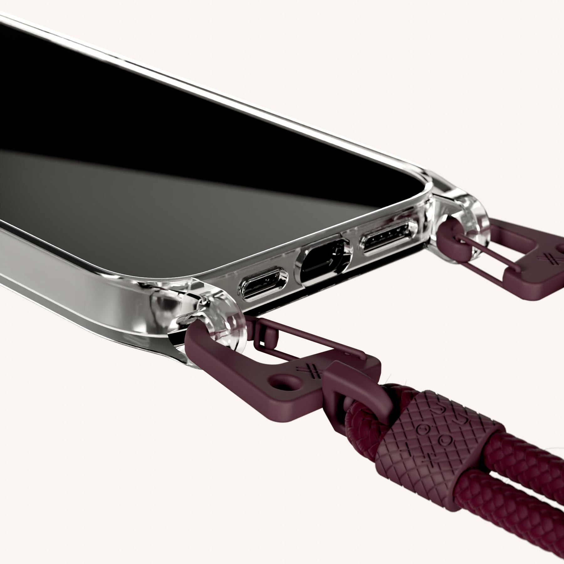 Handykette mit Karabinerband in Transparent + Weinrot