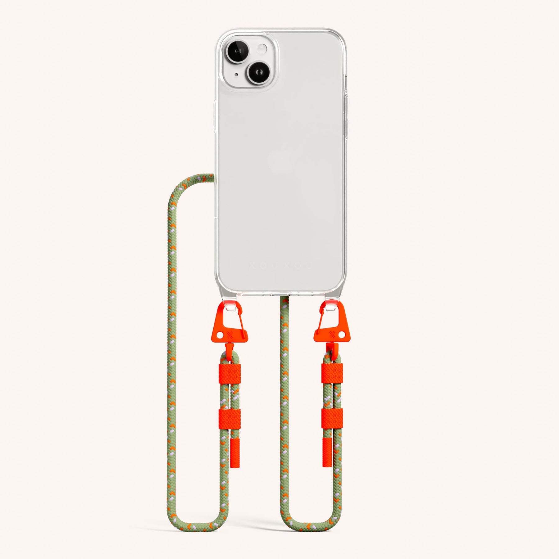 Phone Necklace with Carabiner Rope in Clear + Orange Camouflage