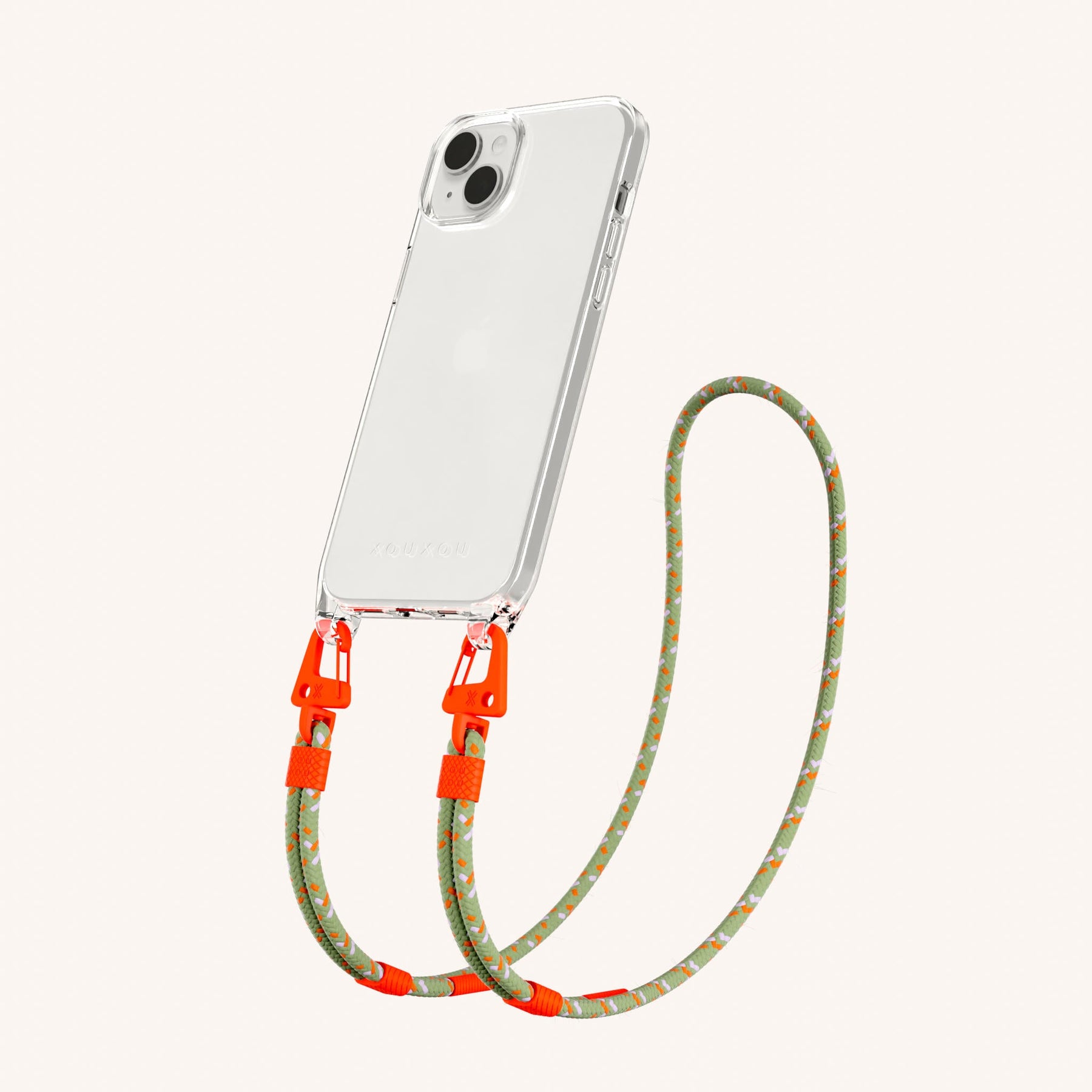 Phone Necklace with Carabiner Rope in Clear + Orange Camouflage