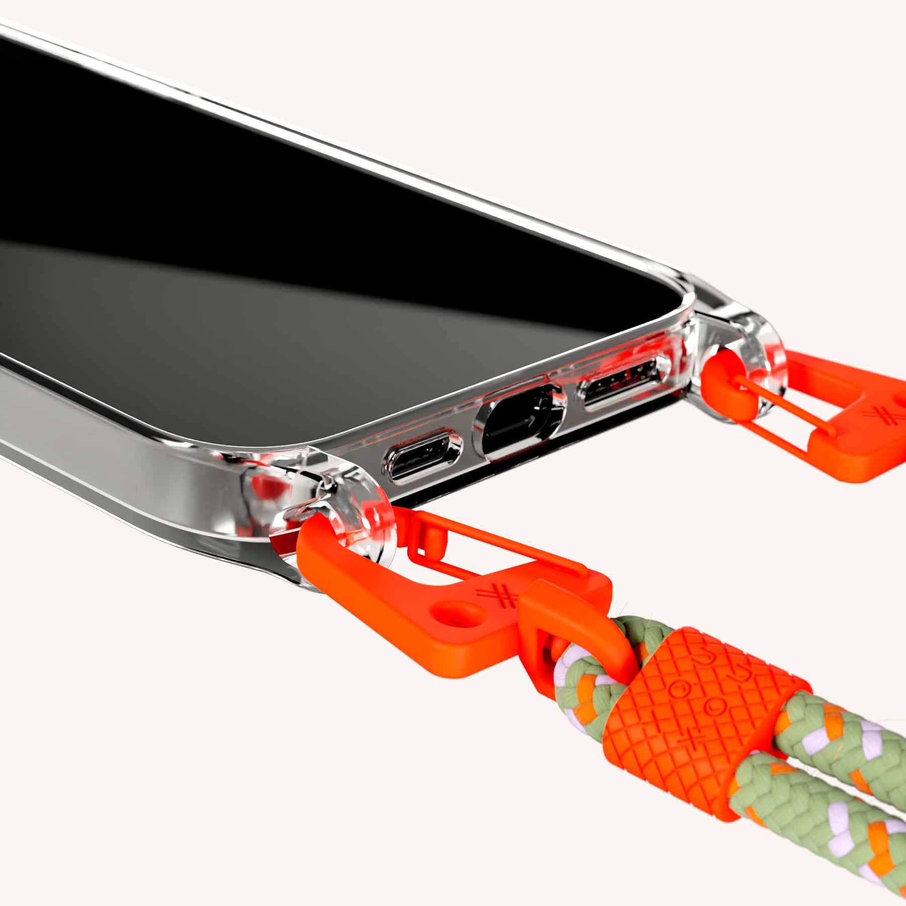 Phone Necklace with Carabiner Rope in Clear + Orange Camouflage