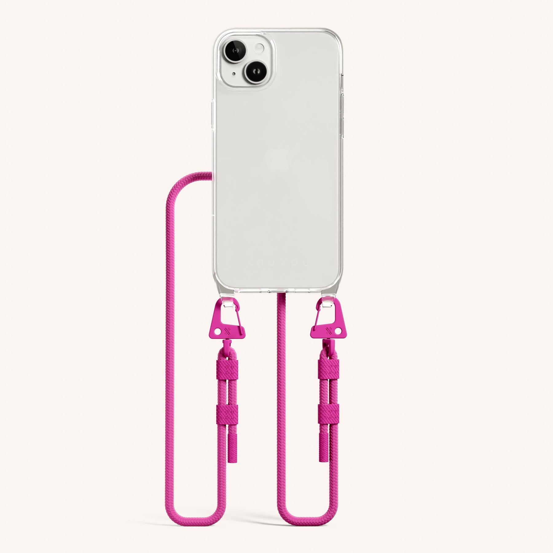 Phone Necklace with Carabiner Rope in Clear + Power Pink