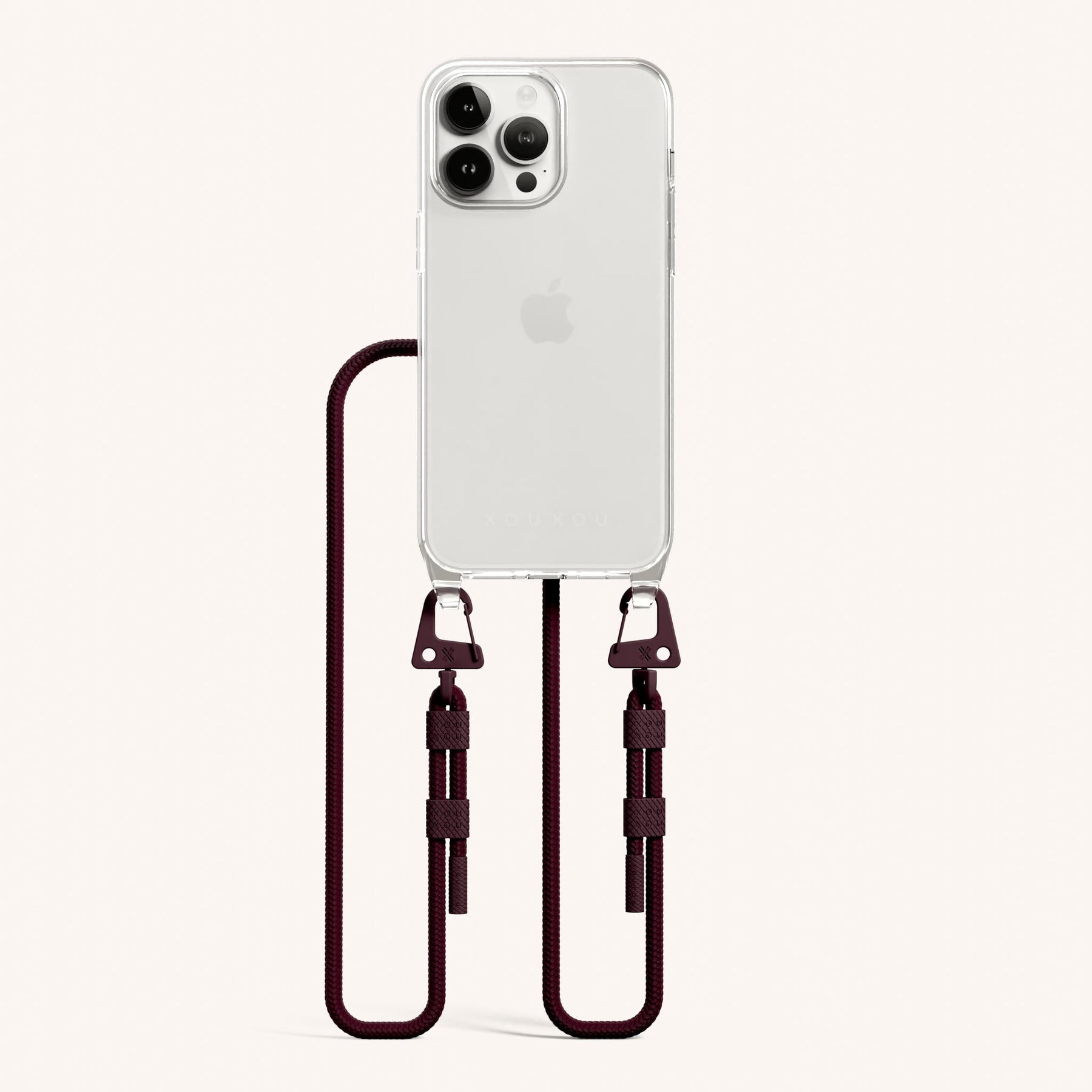 Phone Necklace with Carabiner Rope in Clear + Burgundy