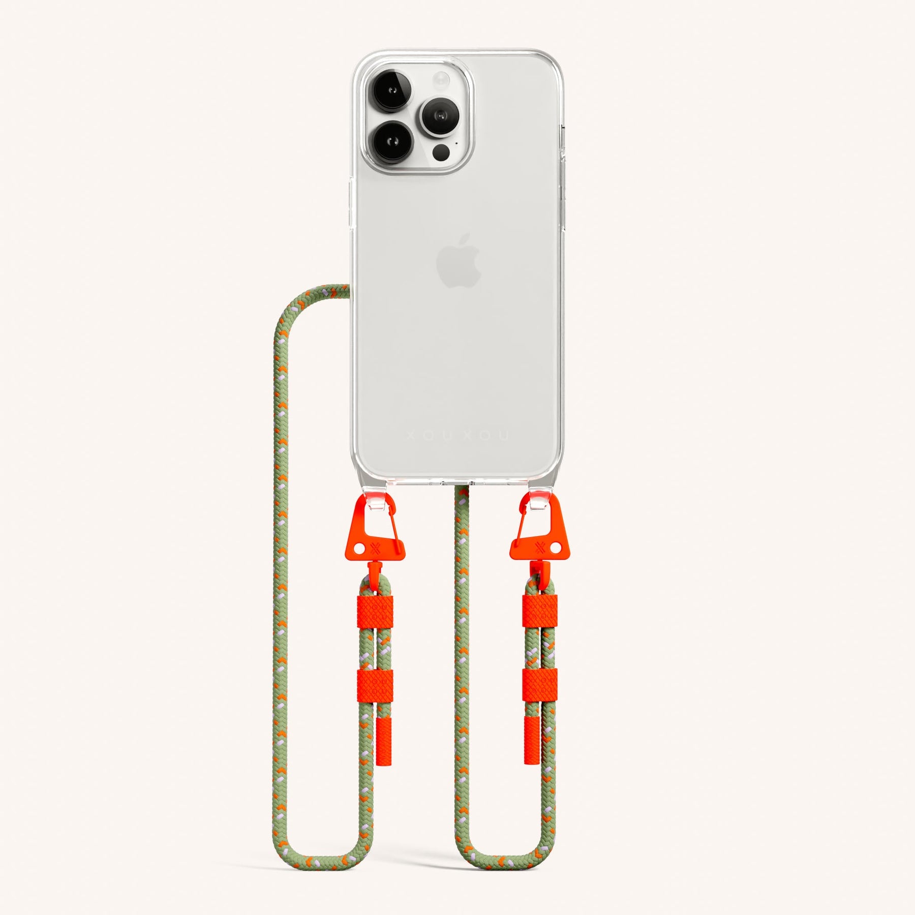 Phone Necklace with Carabiner Rope in Clear + Orange Camouflage