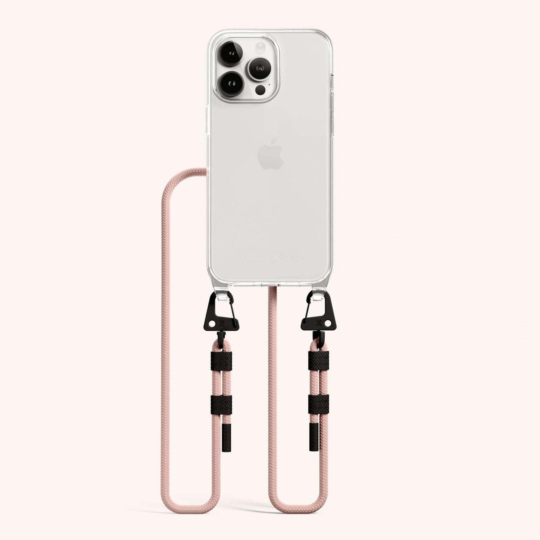 Phone Necklace with Carabiner Rope in Clear + Powder Pink