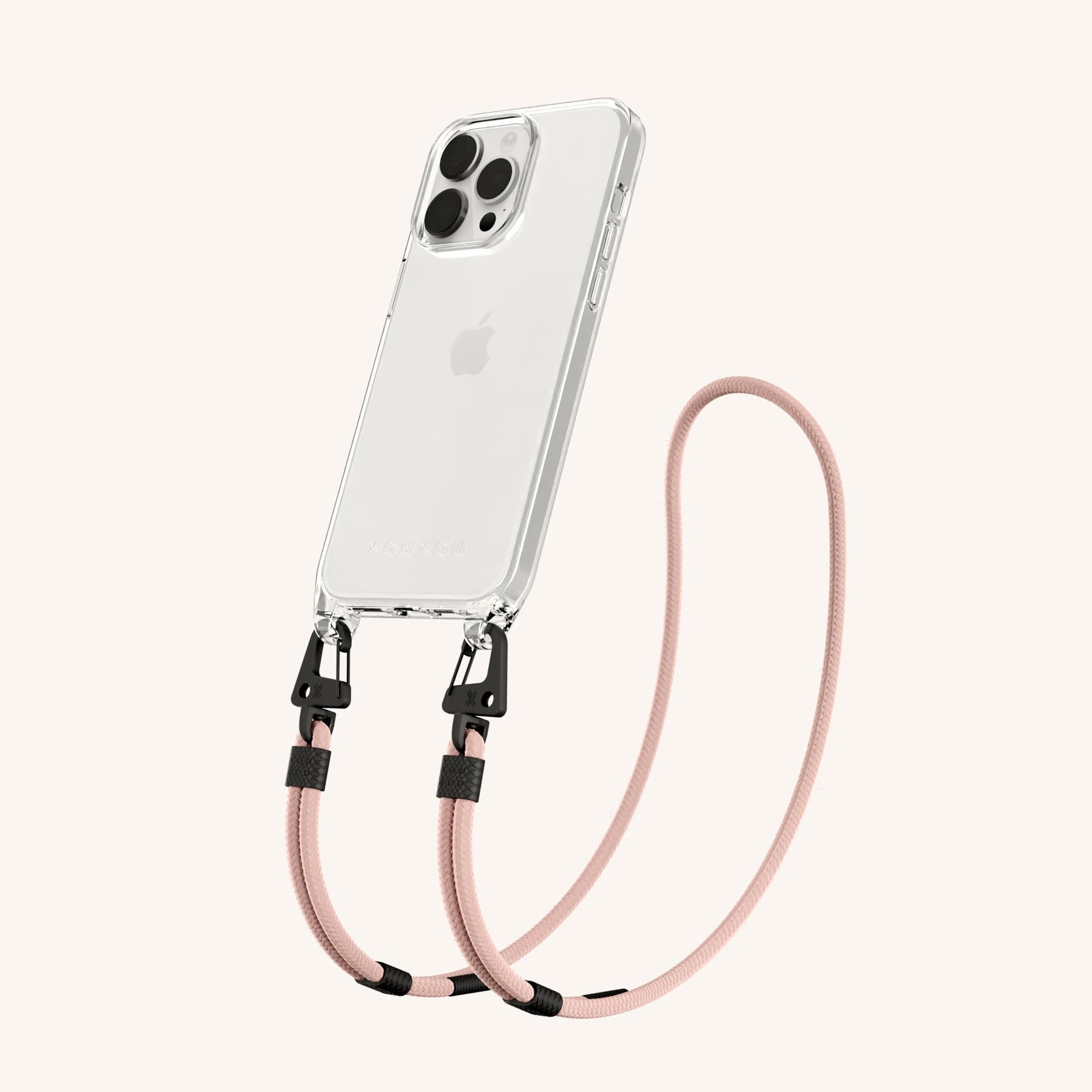 Phone Necklace with Carabiner Rope in Clear + Powder Pink
