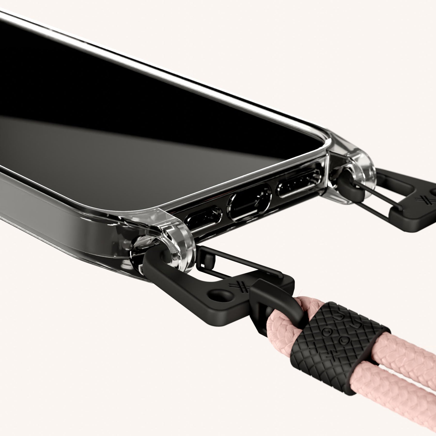 Phone Necklace with Carabiner Rope in Clear + Powder Pink