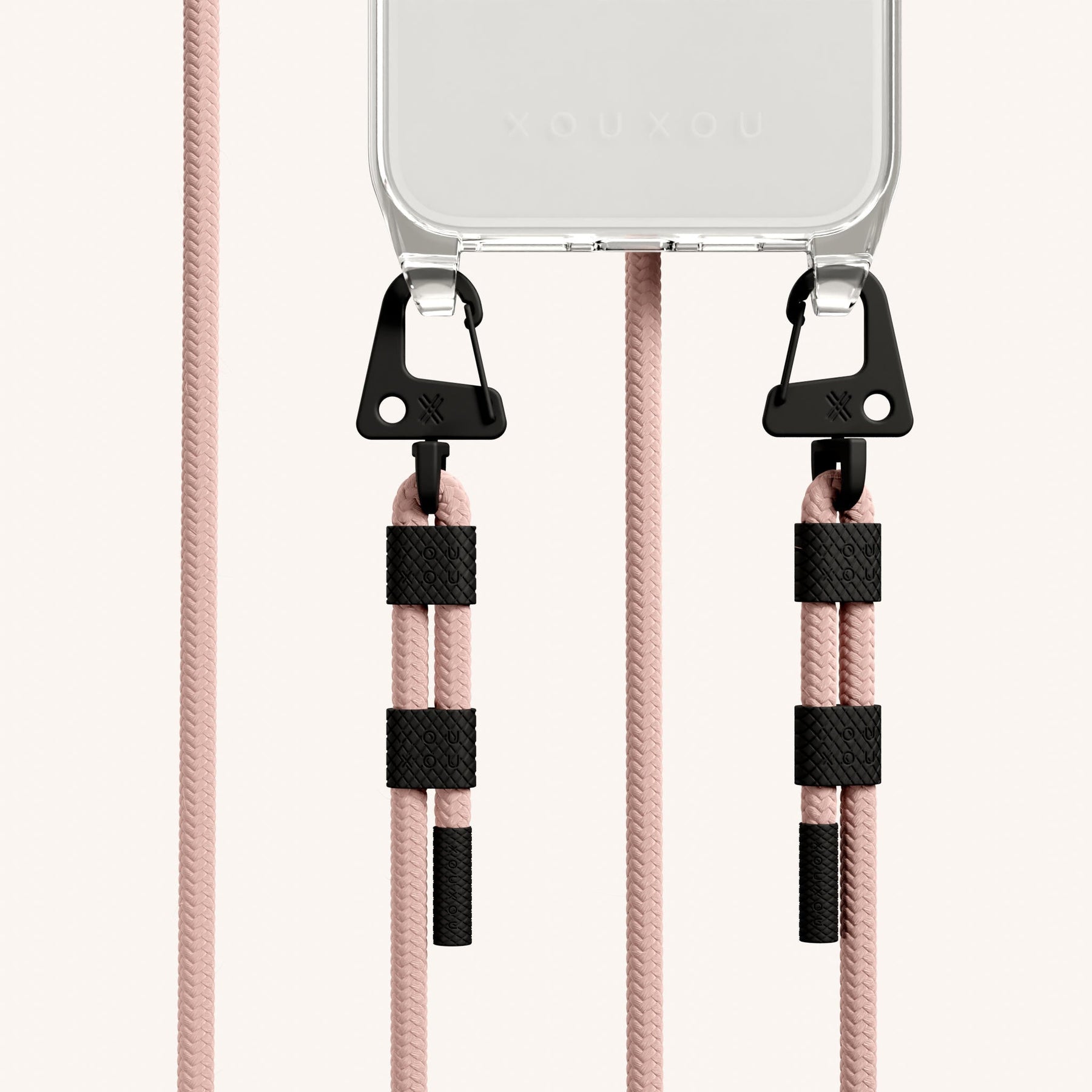 Phone Necklace with Carabiner Rope in Clear + Powder Pink