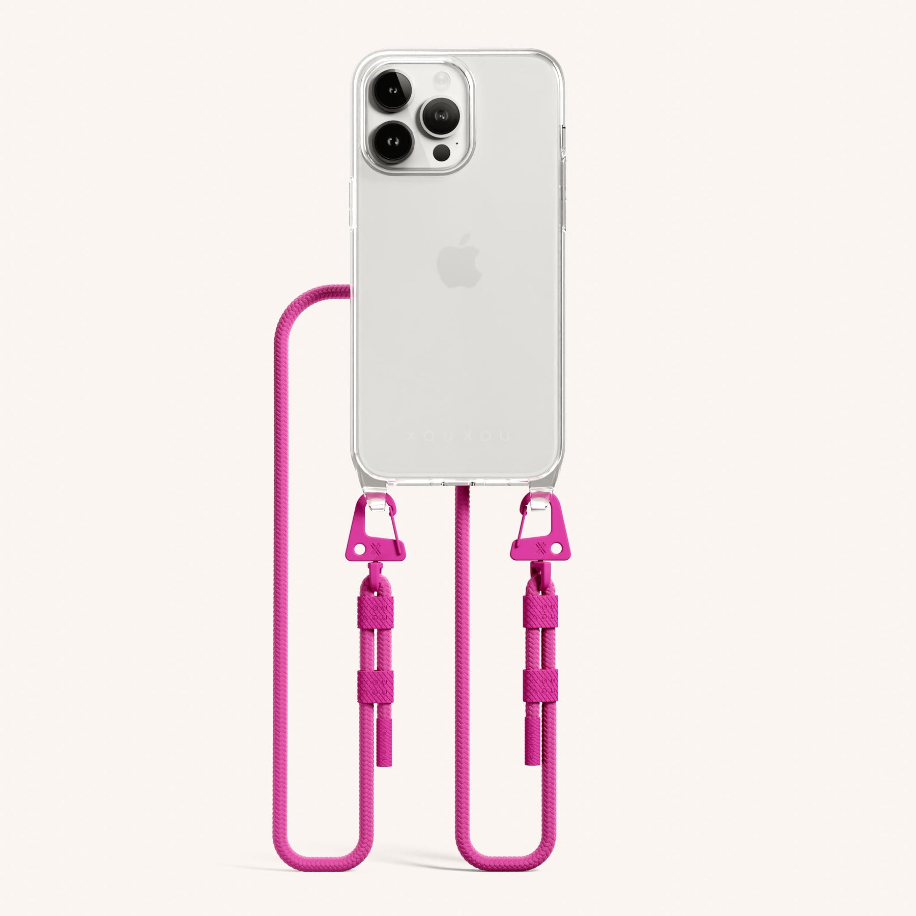 Phone Necklace with Carabiner Rope in Clear + Power Pink