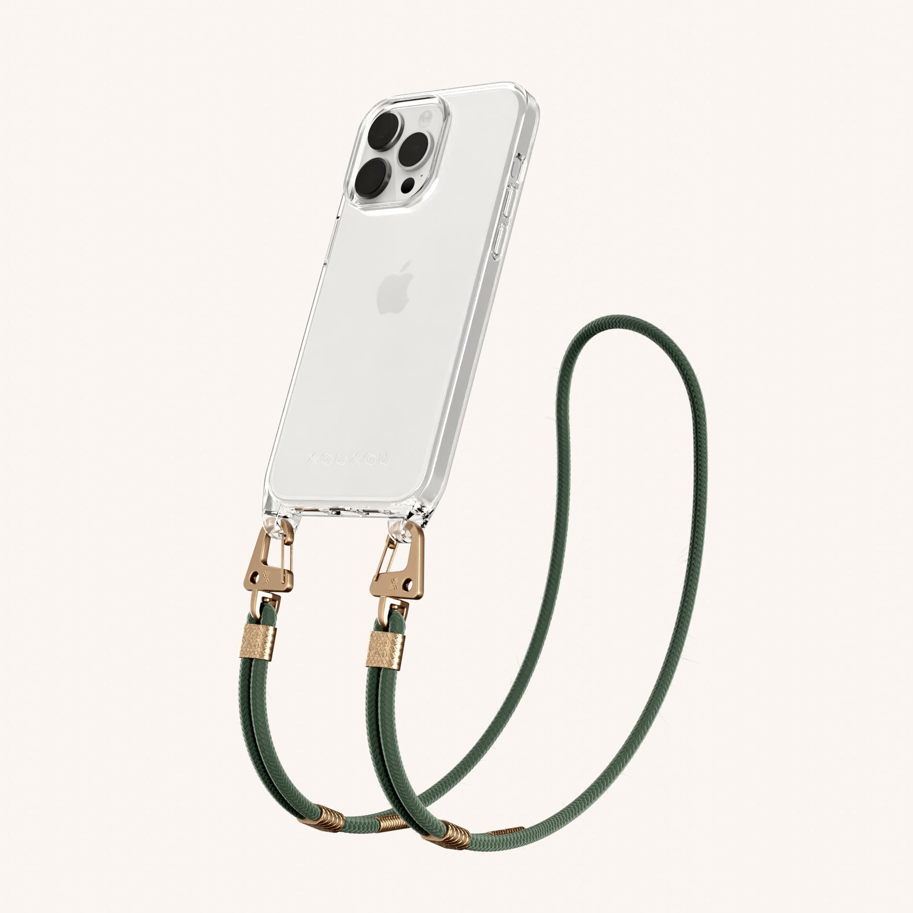 Phone Necklace with Carabiner Rope in Clear + Sage