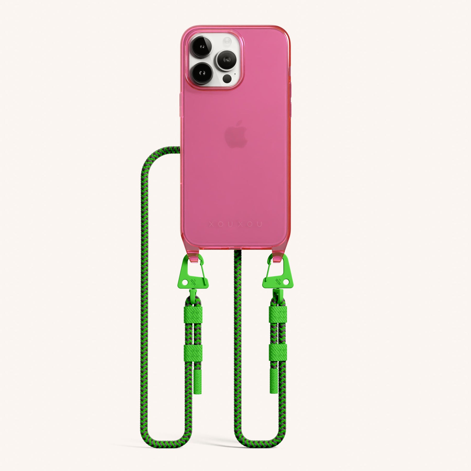 Phone Necklace with Carabiner Rope in Cyber Pink Clear + Acid
