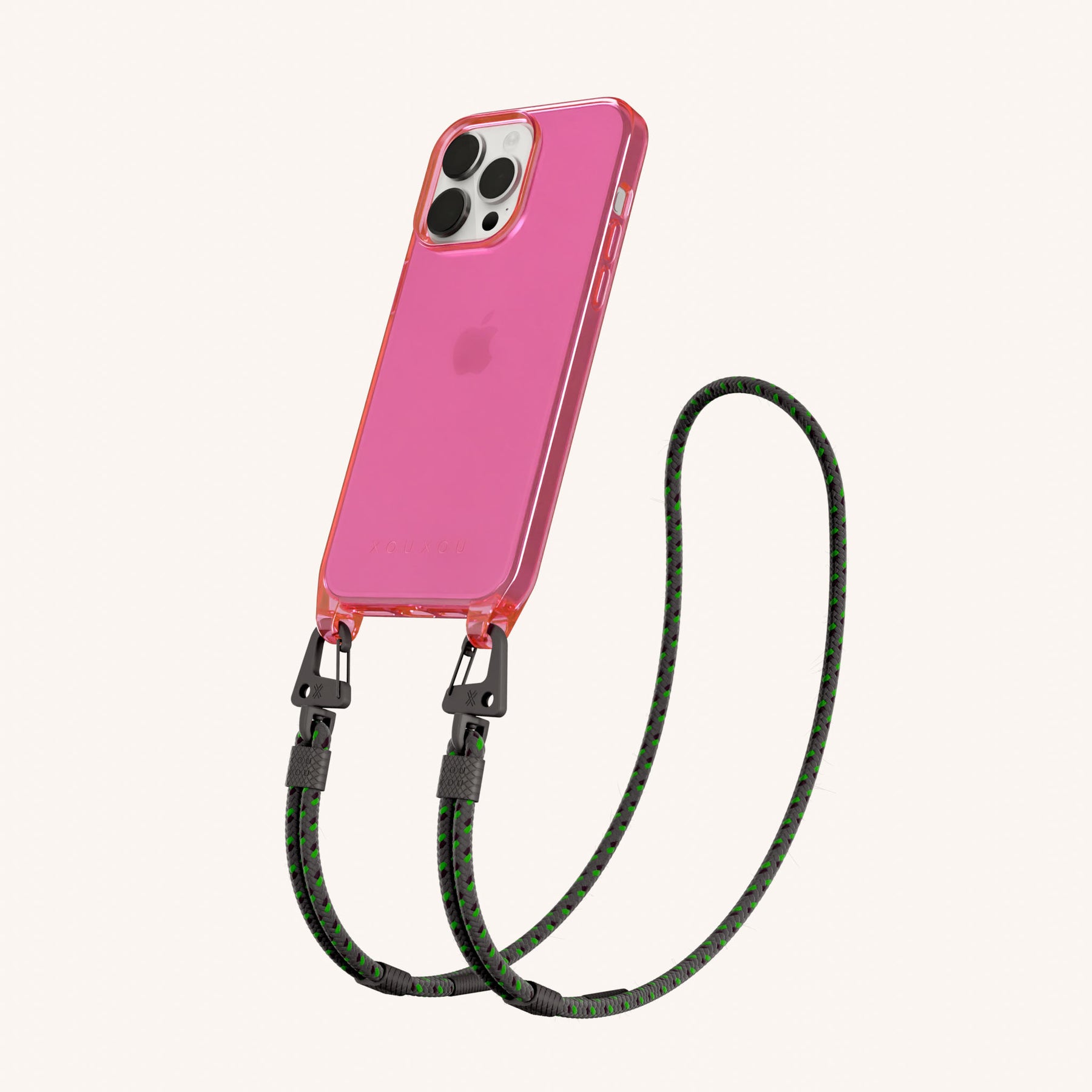 Phone Necklace with Carabiner Rope in Cyber Pink Clear + Ash