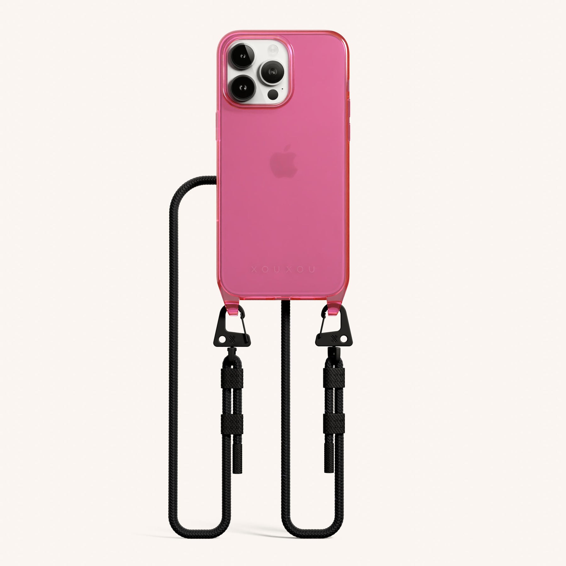 Phone Necklace with Carabiner Rope in Cyber Pink Clear + Black