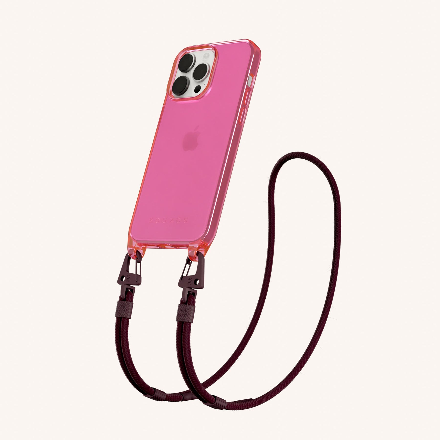 Phone Necklace with Carabiner Rope in Cyber Pink Clear + Burgundy