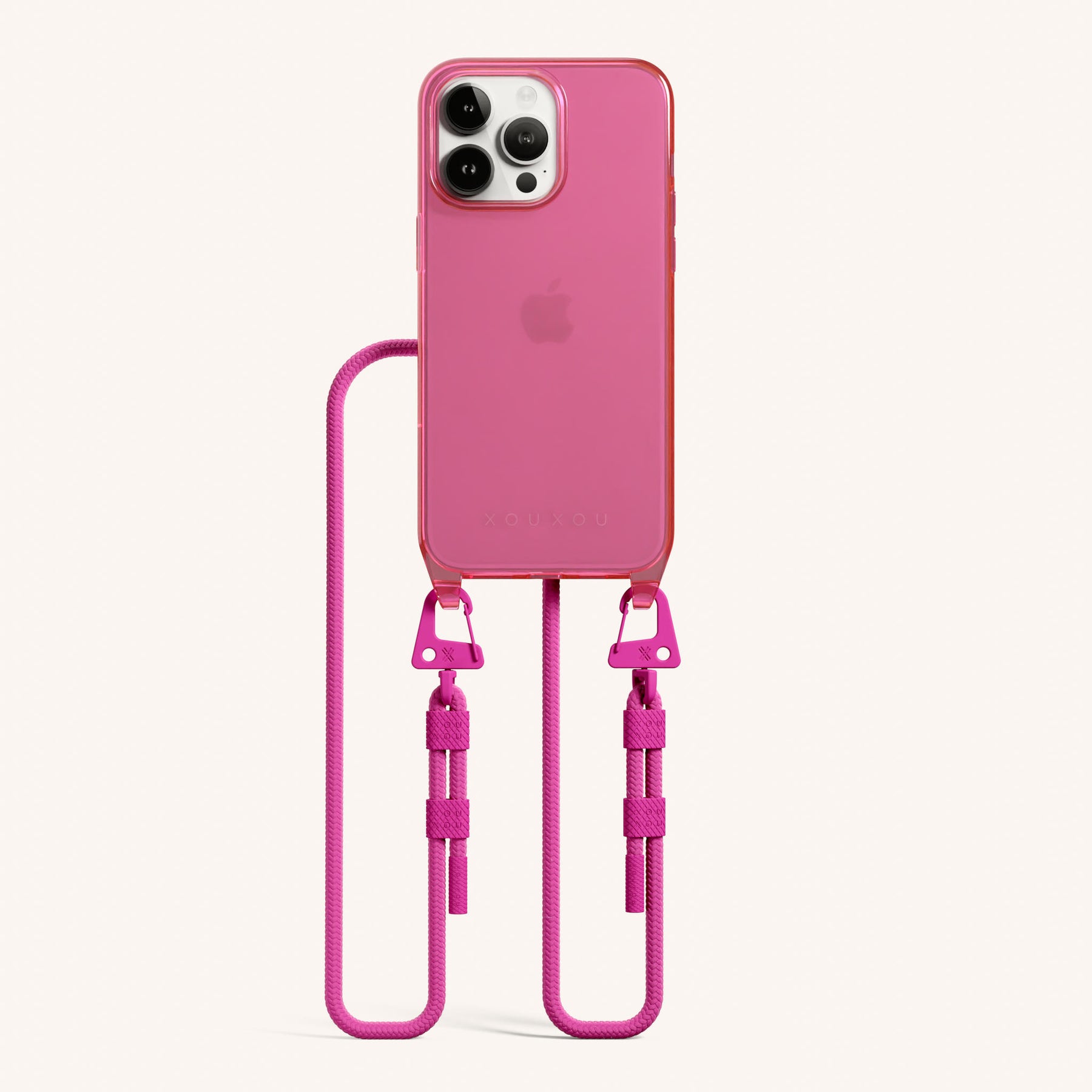 Phone Necklace with Carabiner Rope in Cyber Pink Clear + Power Pink