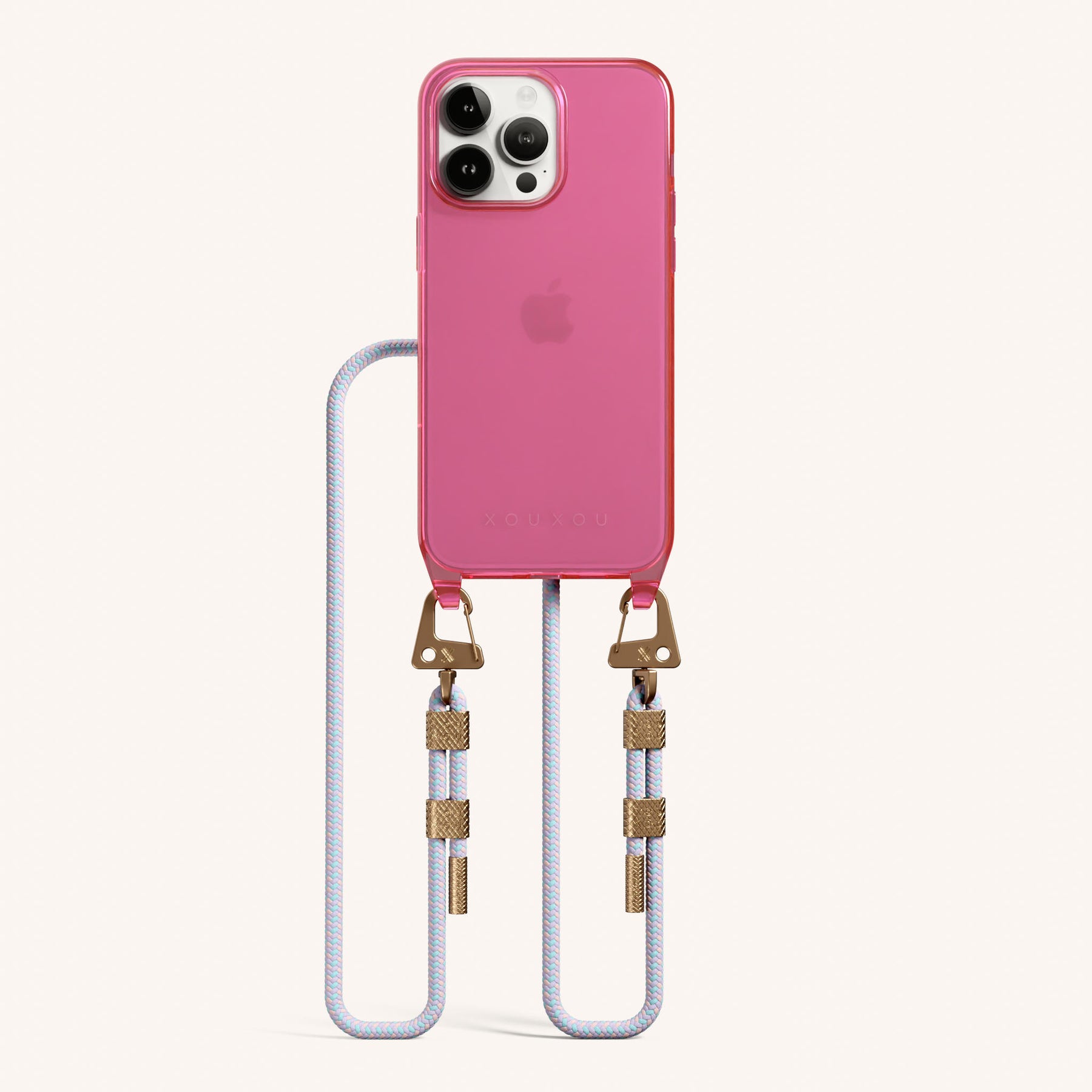 Phone Necklace with Carabiner Rope in Cyber Pink Clear + Vibrant Pastel