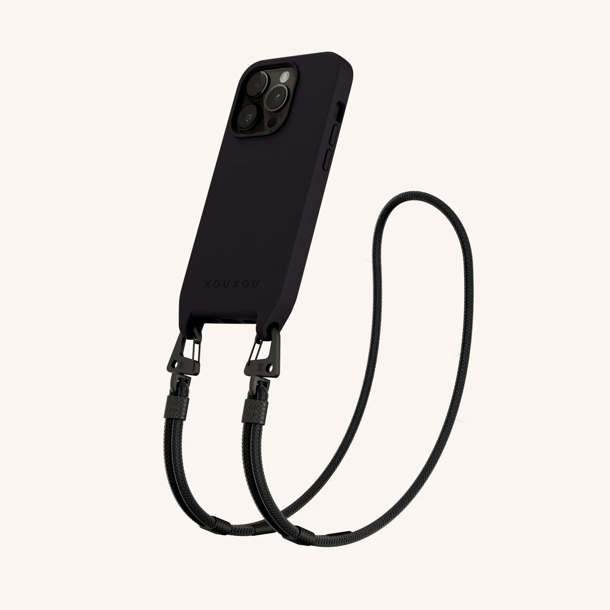 Phone Necklace with Carabiner Rope for iPhone 15 Pro with MagSafe in Black Perspective View | XOUXOU #phone model_iphone 15 pro