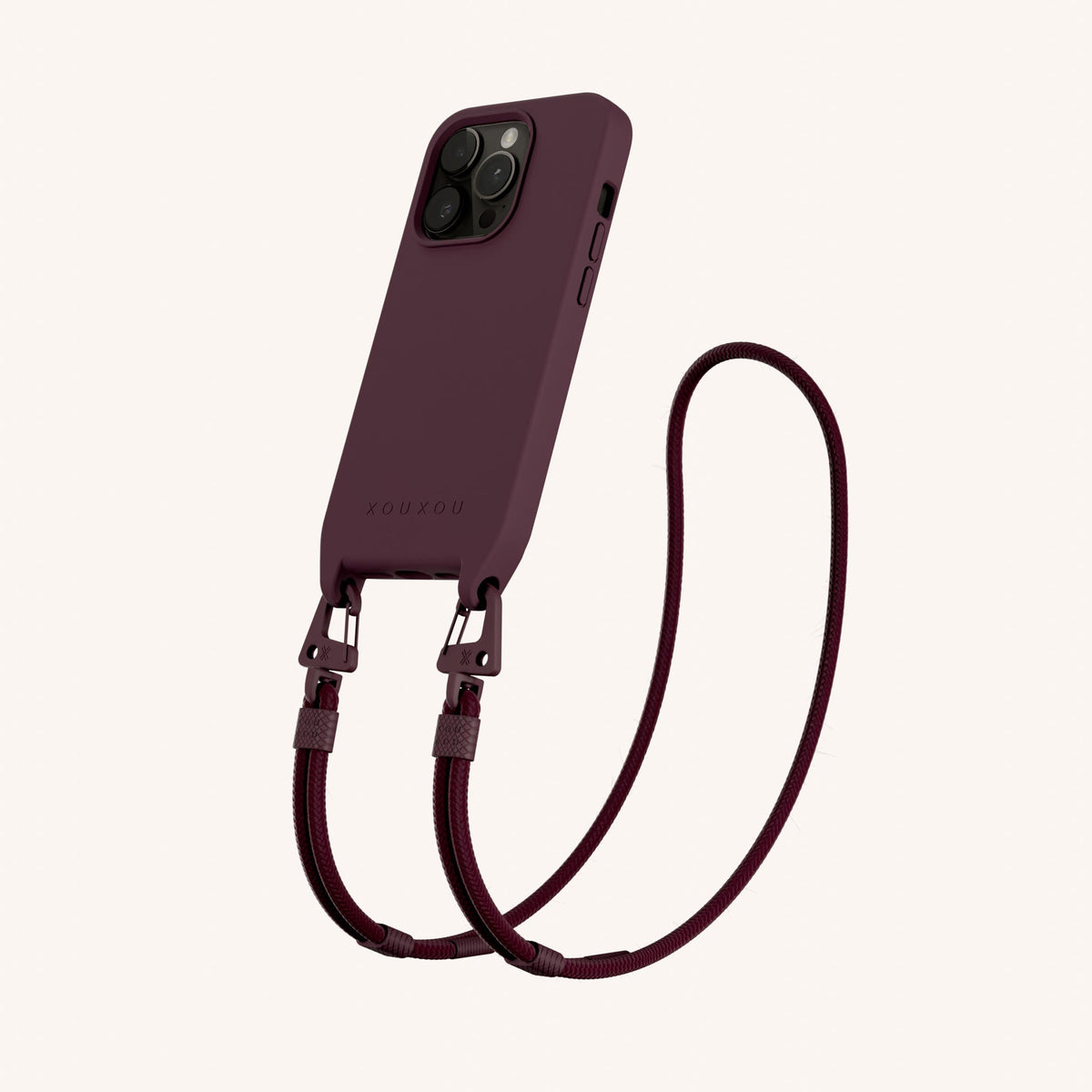 Phone Necklace with Carabiner Rope for iPhone 15 Pro with MagSafe in Burgundy Perspective View | XOUXOU #phone model_iphone 15 pro