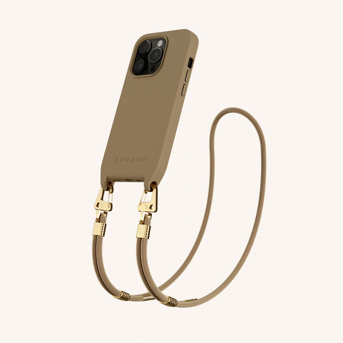 Phone Necklace with Carabiner Rope for iPhone 15 Pro with MagSafe in Taupe Perspective View | XOUXOU #phone model_iphone 15 pro