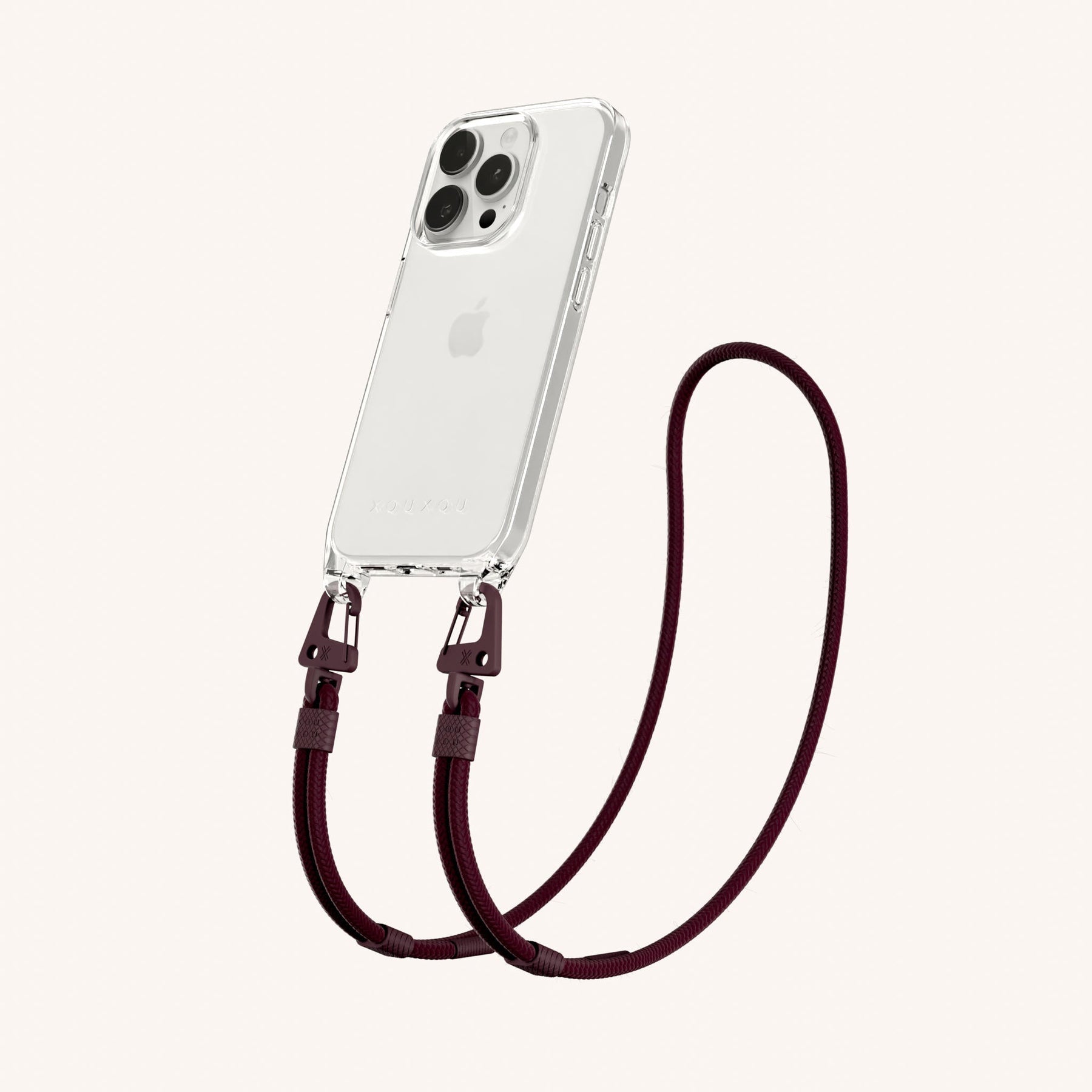 Phone Necklace with Carabiner Rope in Clear + Burgundy