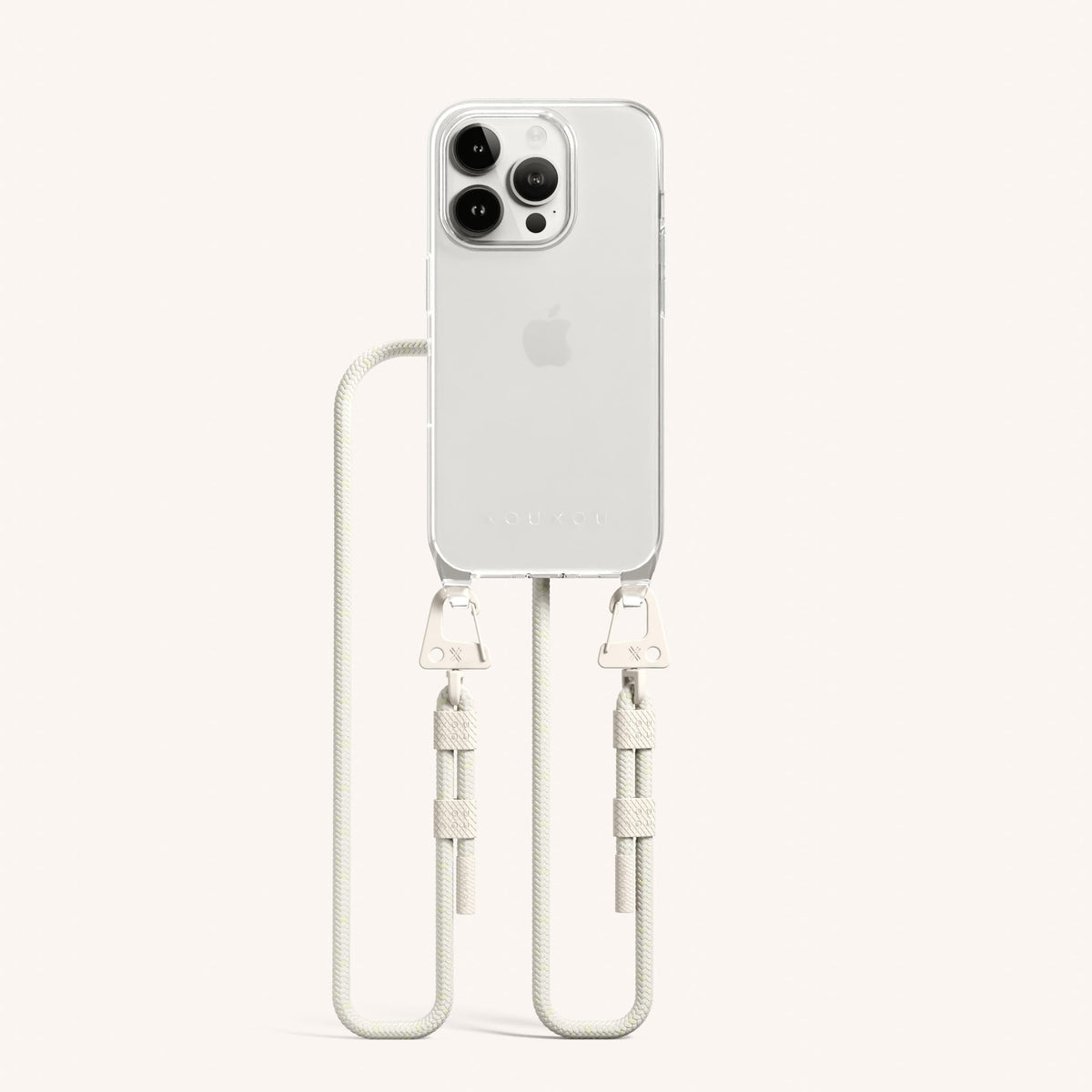 Clear Phone Necklace with Carabiner Rope for iPhone 15 Pro without MagSafe in Clear + Chalk Total View | XOUXOU #phone model_iphone 15 pro